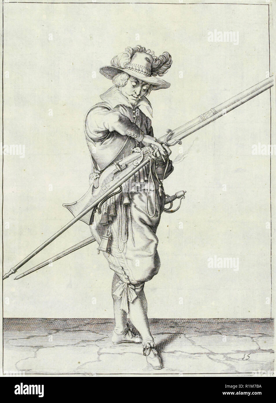Musketeer Illustration From The Handling Of Arms Arquebuses Muskets And Pikes 1608 Engraving Stock Photo Alamy