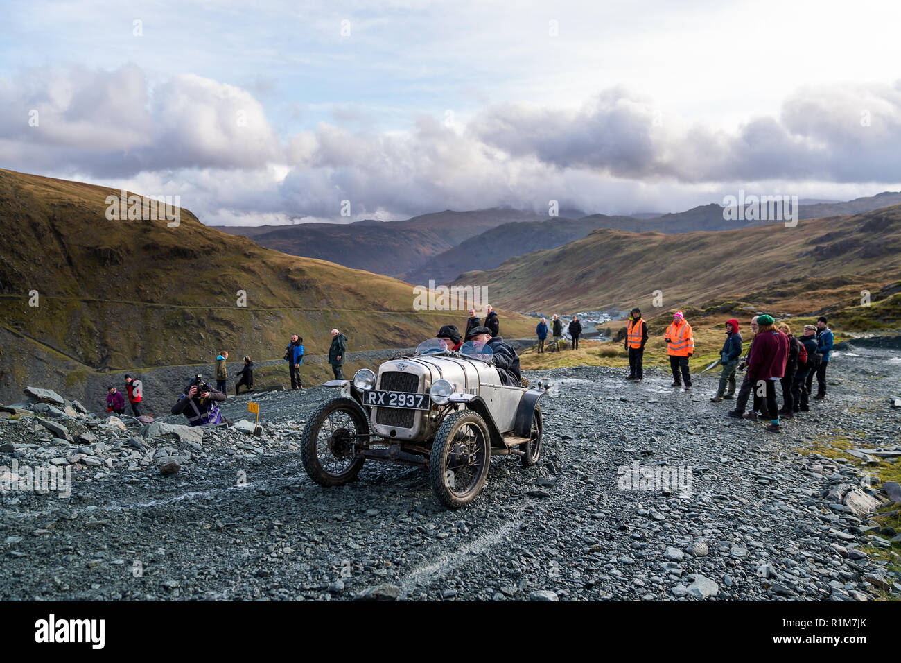 Vintage car rally hillclimb at Honister Slate Mine in the Cumbria Lake District Stock Photo