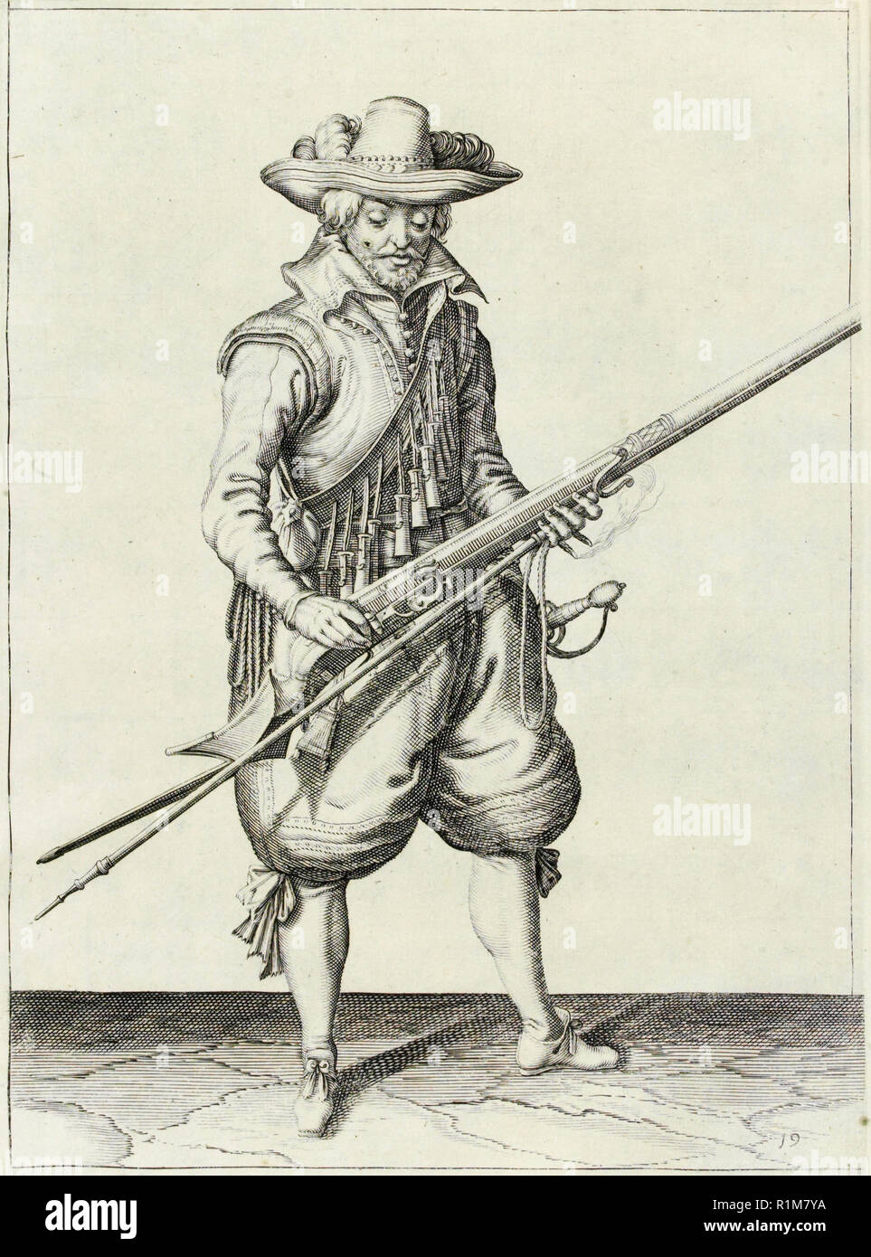 Musketeer Illustration From The Handling Of Arms Arquebuses Muskets And Pikes 1608 Engraving Stock Photo Alamy
