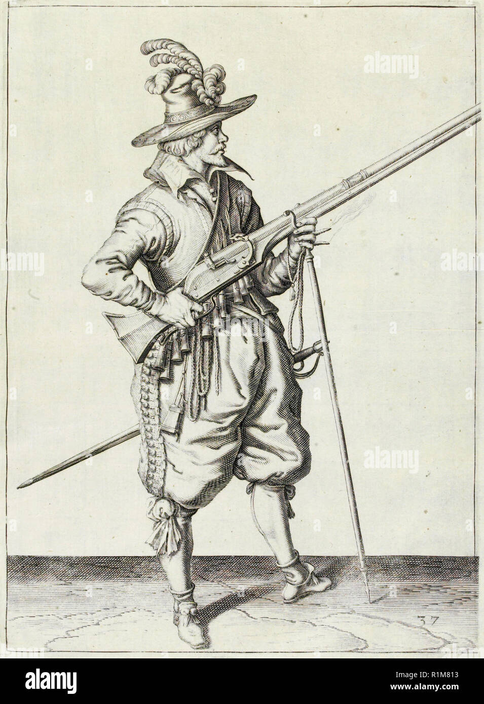 Musketeer Illustration From The Handling Of Arms Arquebuses Muskets And Pikes 1608 Engraving Stock Photo Alamy
