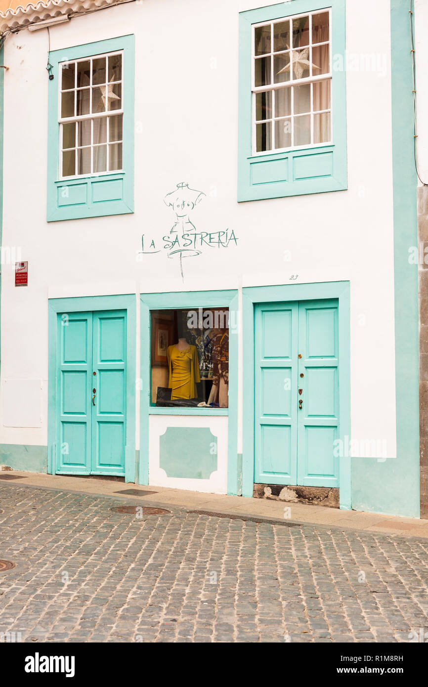 Colourful shopfronts on the Calle O' Daly, pedestrianised street in Santa Cruz de La Palma, Canary Islands, Spain, Stock Photo