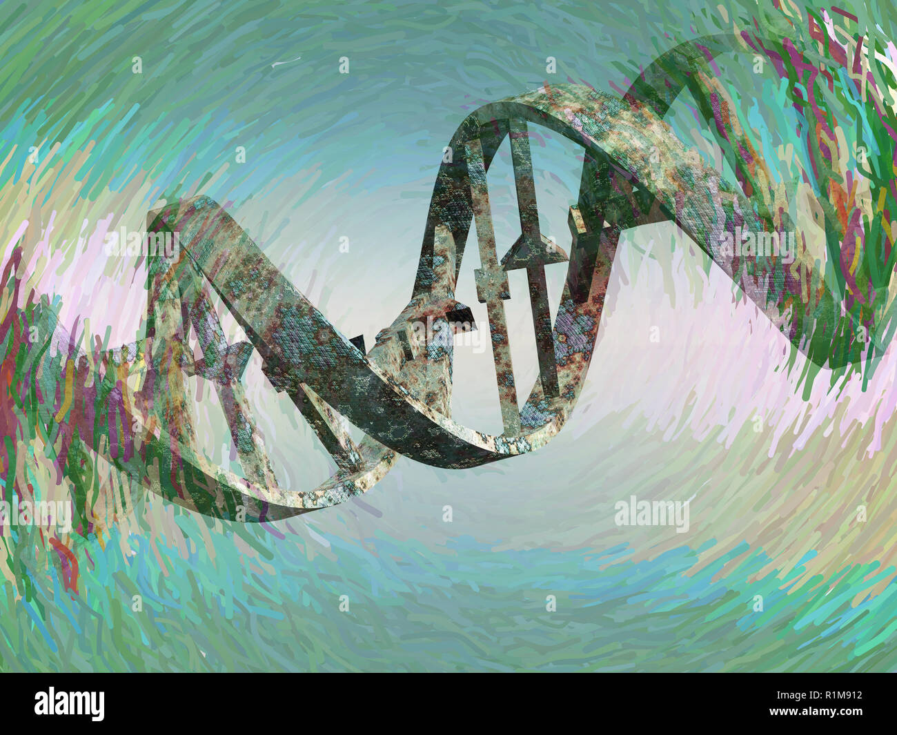 Surreal digital art. Damaged rusted DNA strands. Stock Photo