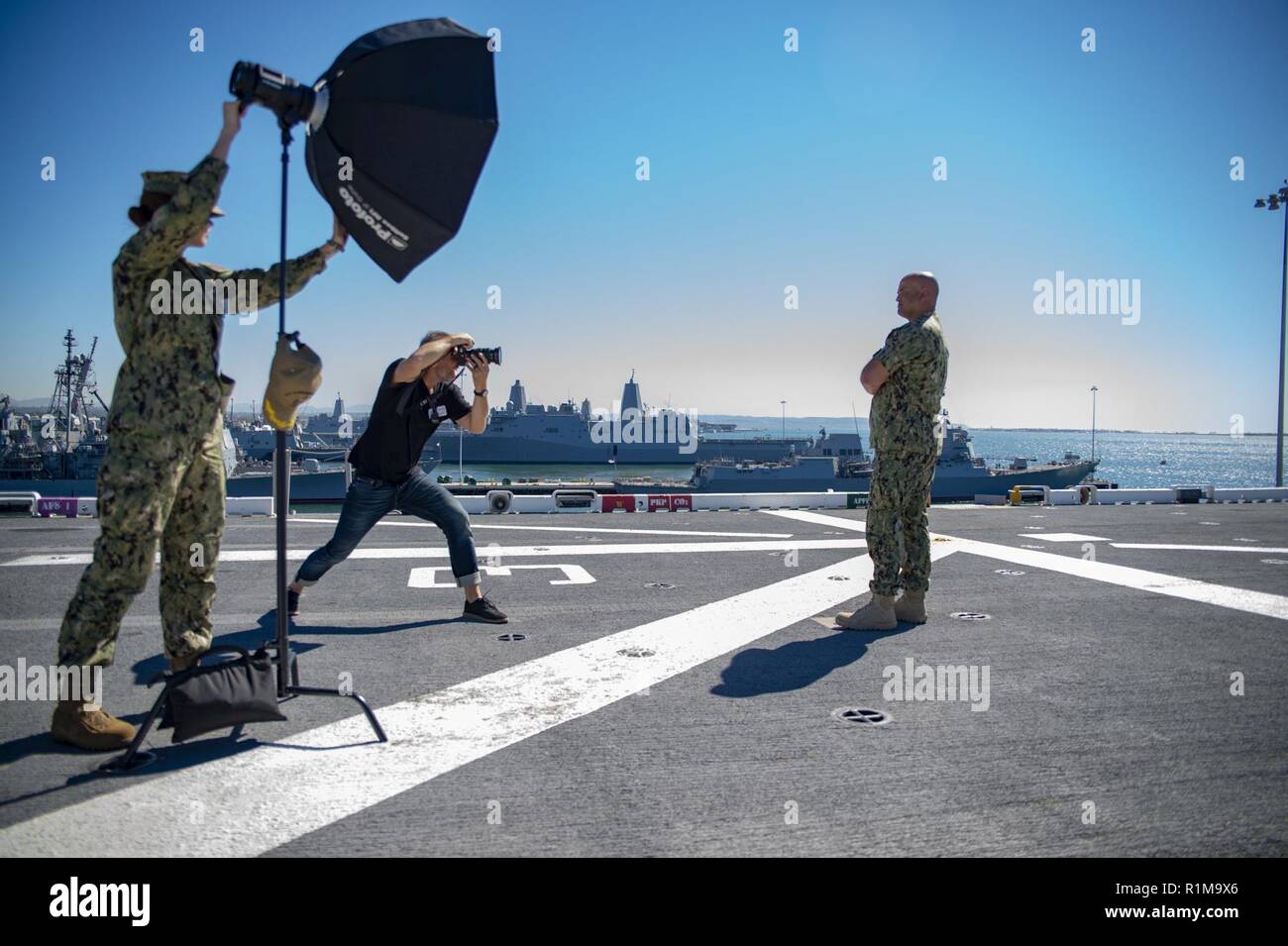 SAN DIEGO (Oct. 18, 2018) Capt. Rich LeBron, commanding officer of the amphibious assault ship USS Bonhomme Richard (LHD 6), poses for a photograph on the ship’s flight deck for an upcoming issue of San Diego Magazine. San Diego Magazine is a monthly publication concerning life in the San Diego region and is the city’s longest running lifestyle publication. Bonhomme Richard is in its homeport of San Diego. Stock Photo