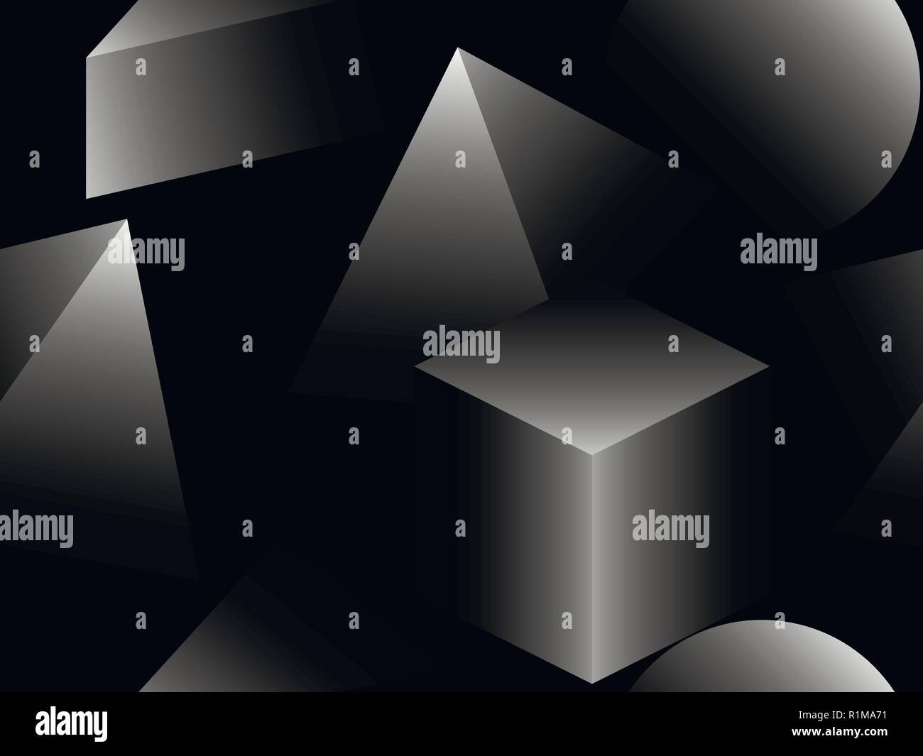 3d pyramis and cubes seamless pattern. Retro background gray shades. Isometric triangles and squares with gradient. Vector illustration Stock Vector