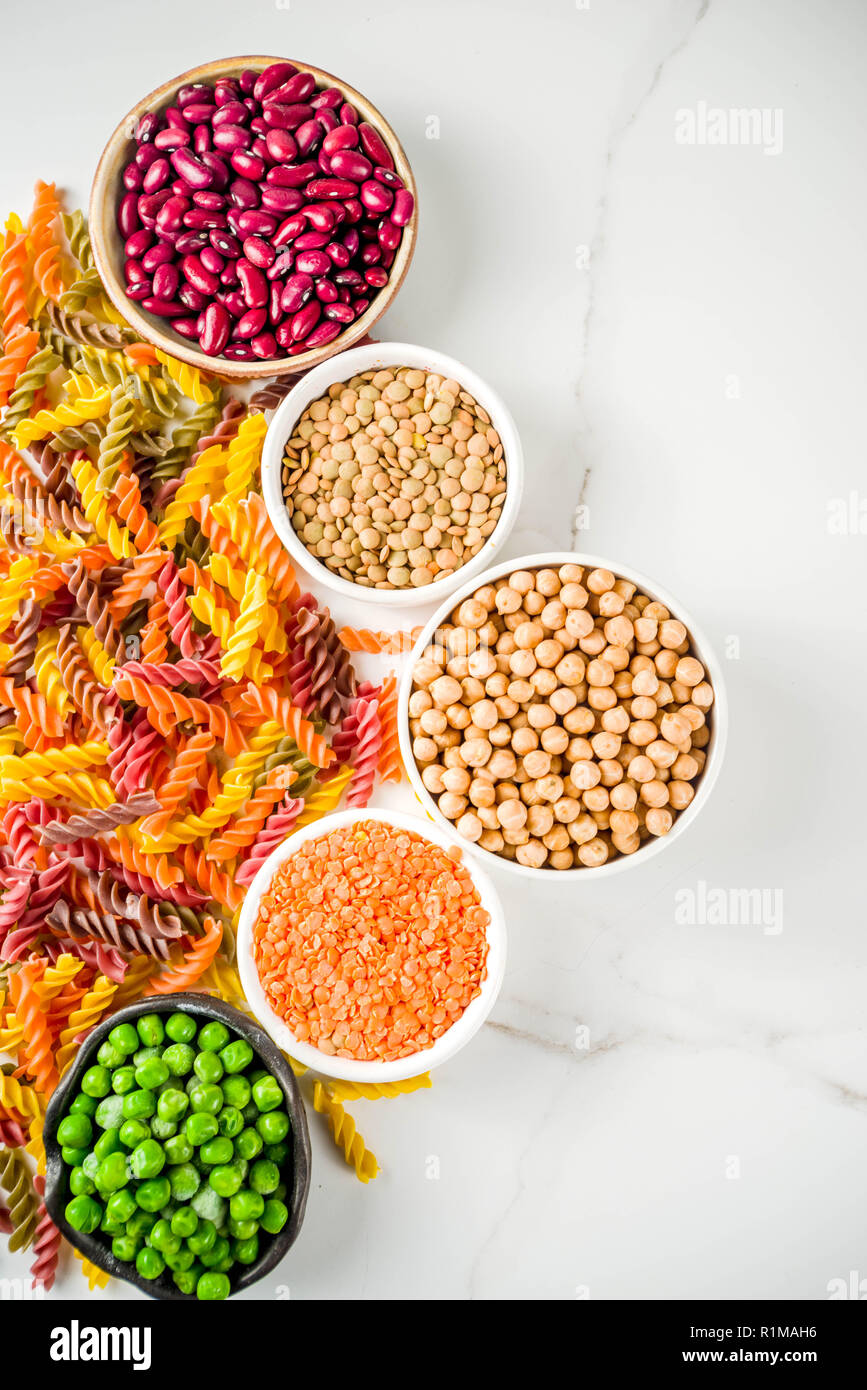 Trend healthy food, vegan diet concept. Multi colored legume pasta with