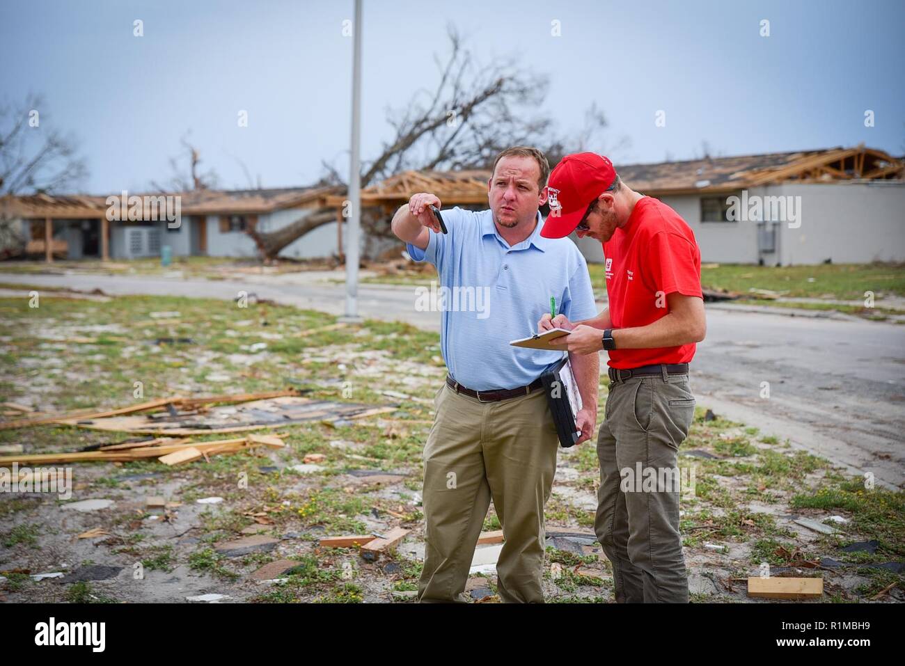 Following the destruction left from Hurricane Michael that strict the Florida panhandle, structural technicians and architects from the Army Corps of Engineers, Mobile District deployed to Tyndall Air Force Base to provide assistance and expertise in assess building damage throughout the base. Stock Photo