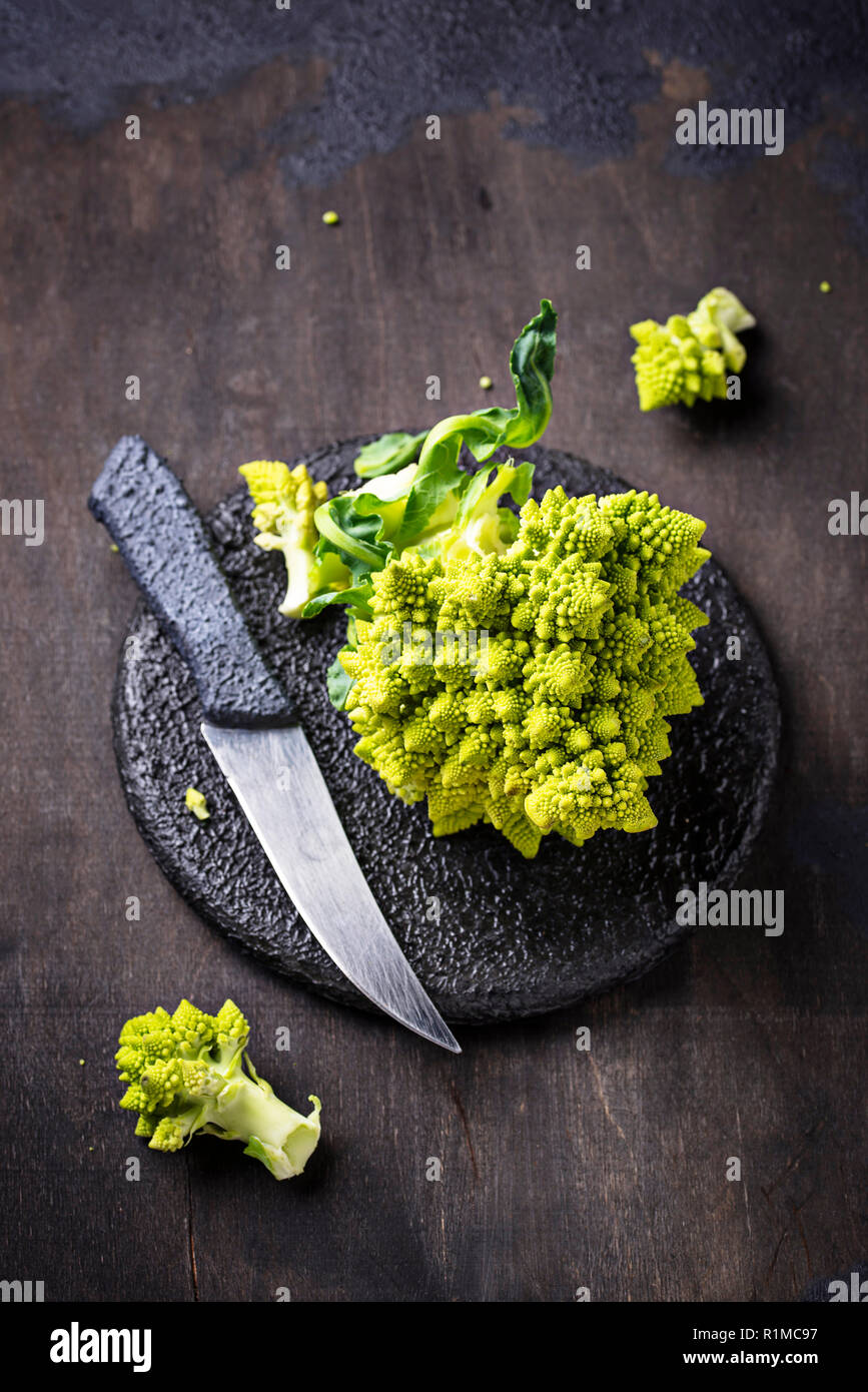 Romanesco broccoli on dark background Stock Photo