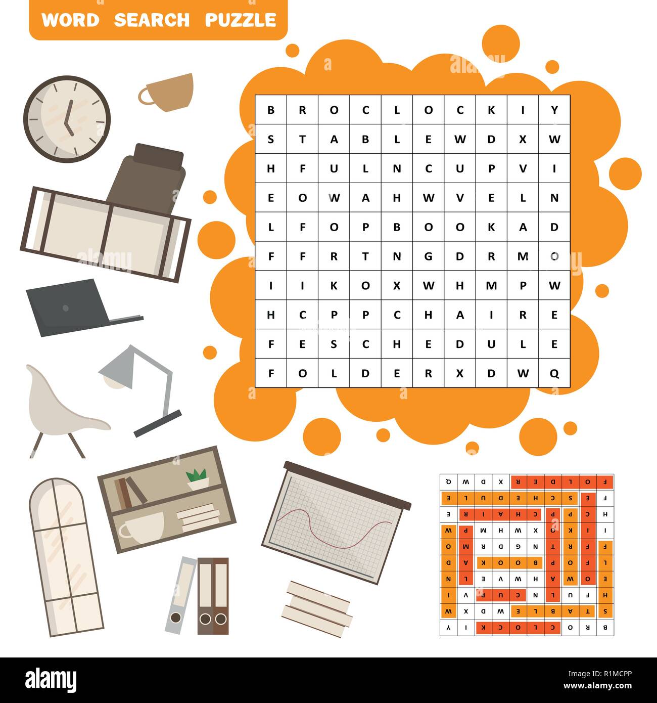 Vector colorless crossword, education game for children about office Stock Vector