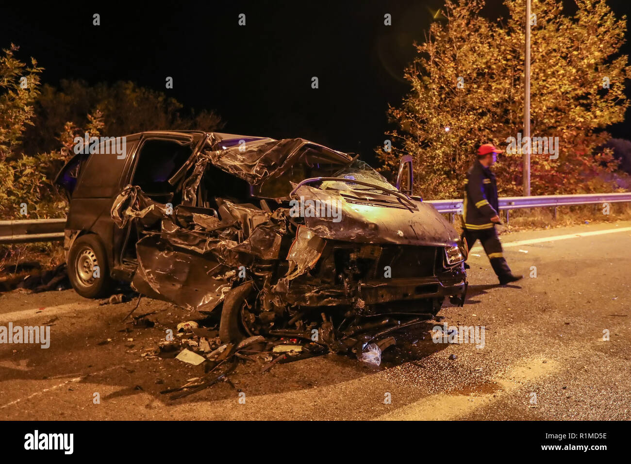 Asprovalta, Greece - November 9, 2018: One dead and twenty-four wounded  with illegal immigrants is the report of the road accident of a van by  truck t Stock Photo - Alamy