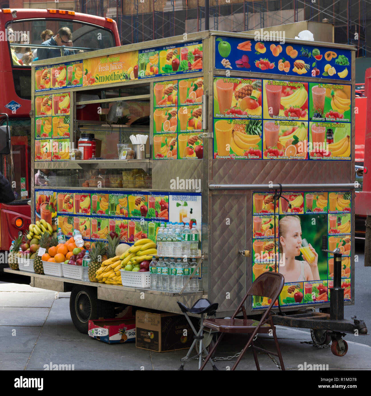 Fruit juice and smoothies stall on the street, Manhattan, New York City