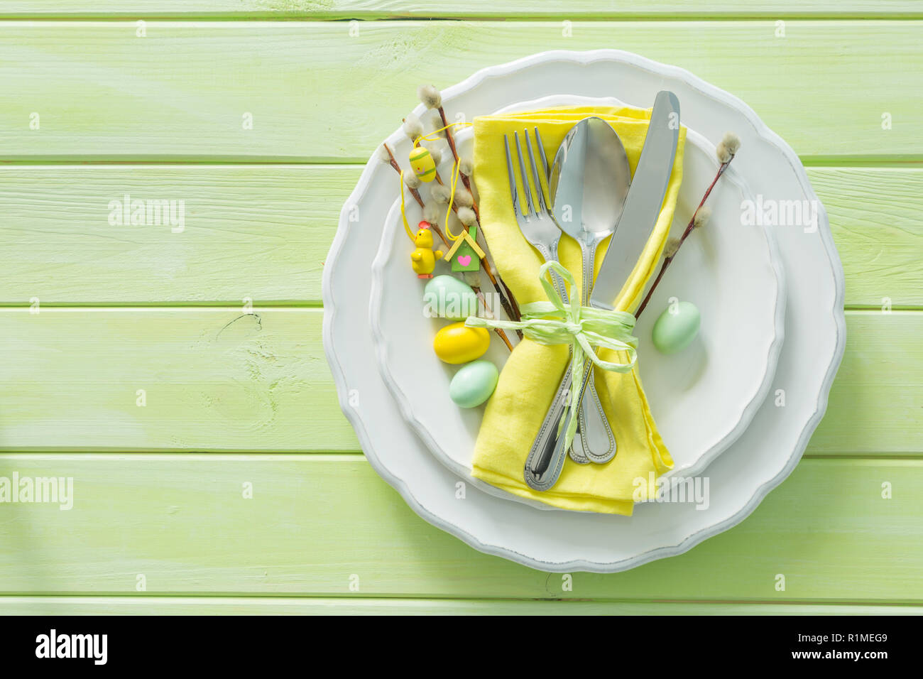 Easter table setting on wood background Stock Photo