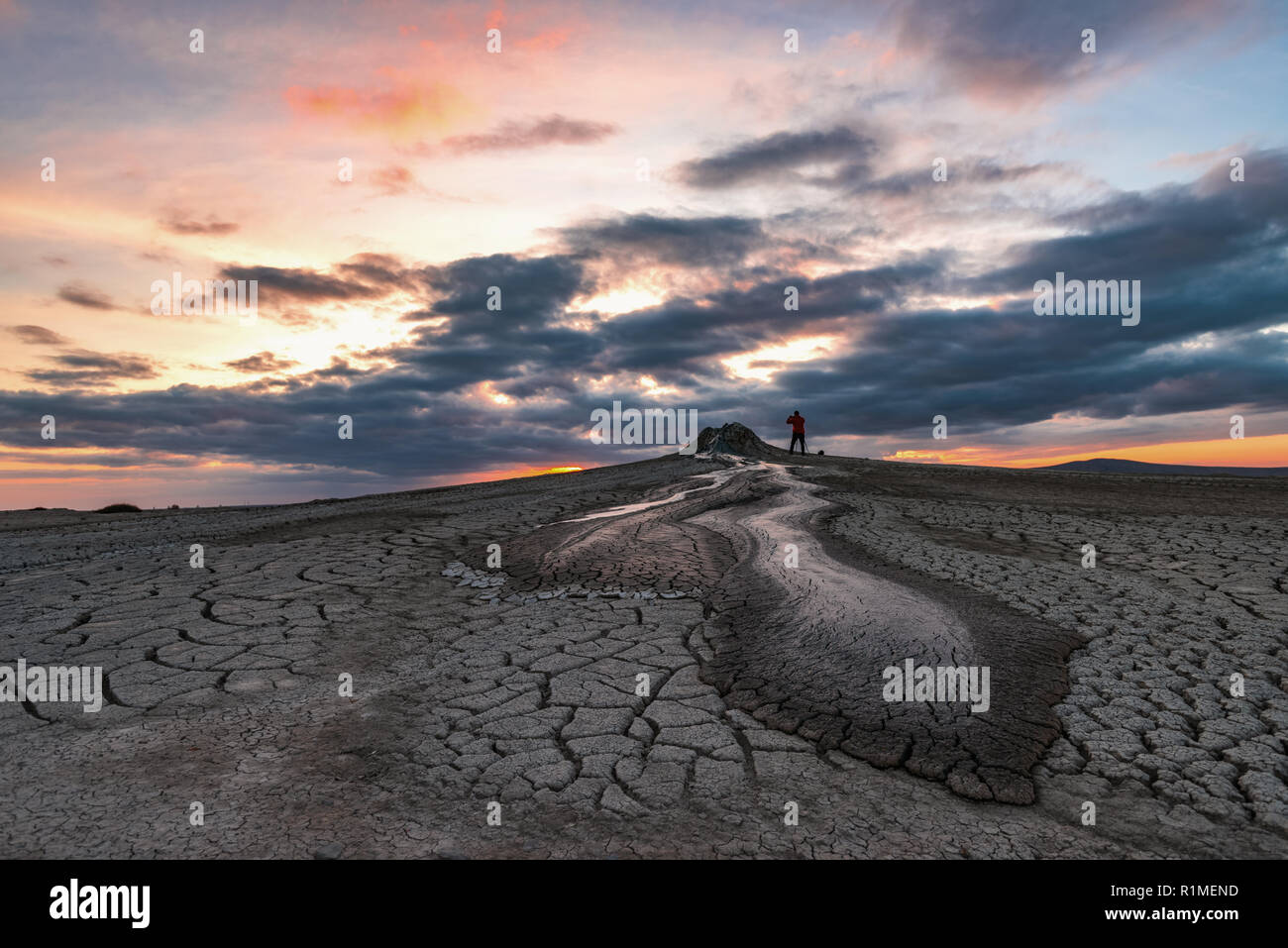 Mud volcanoes at sunset,  amazing natural phenomenon Stock Photo