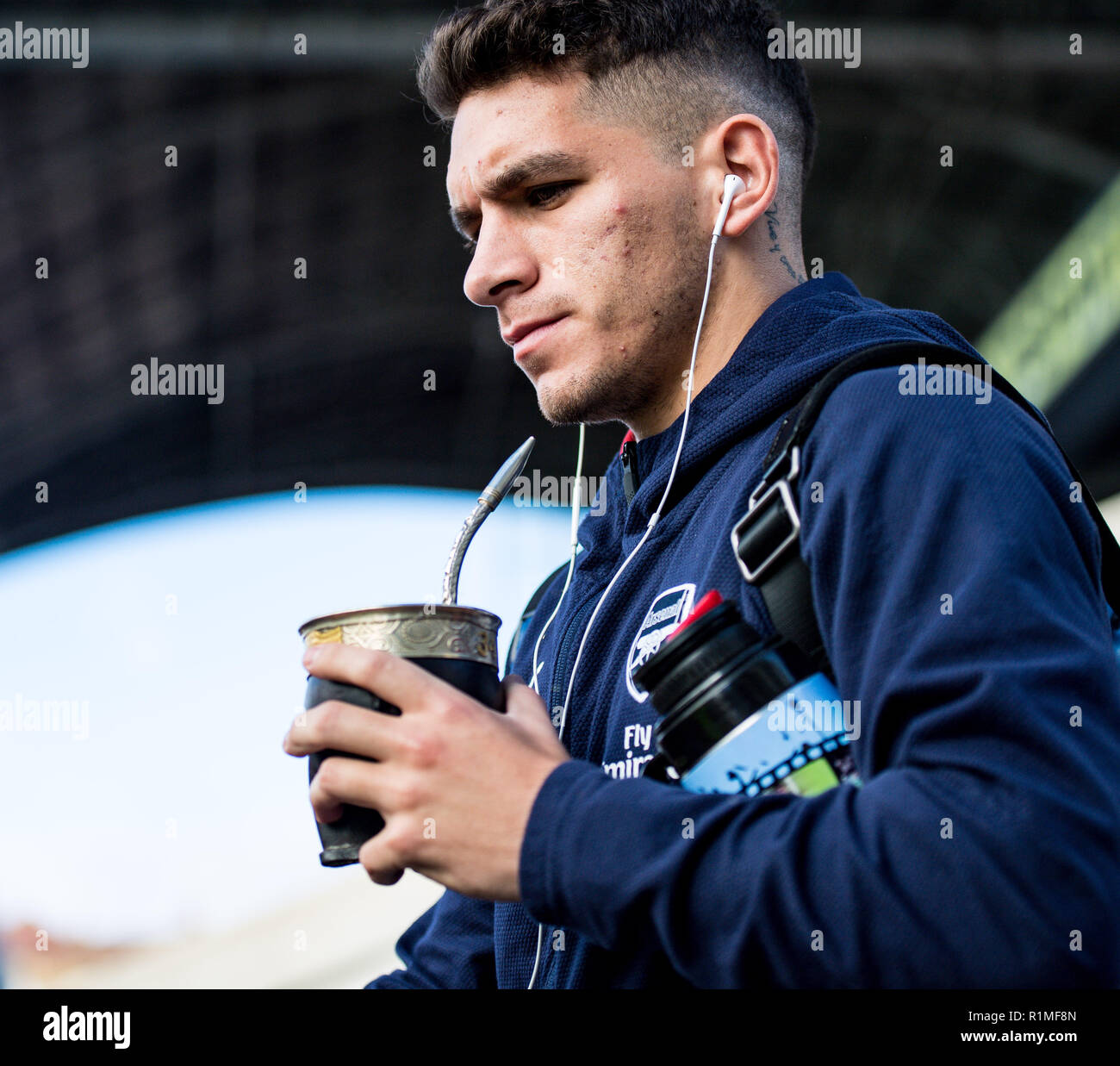 LONDON, ENGLAND - OCTOBER 28: Lucas Torreira of Arsenal FC drinking yerba  mate while arrive for the Premier League match between Crystal Palace and  Arsenal FC at Selhurst Park on October 28,