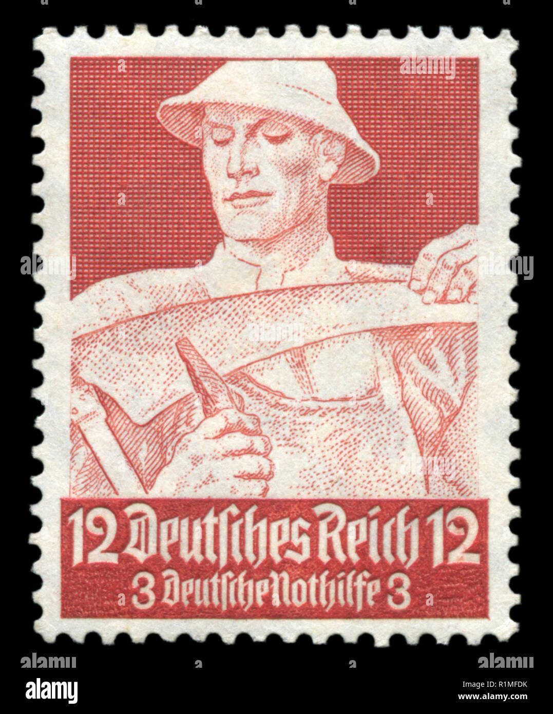 German historical postage stamp: Farmer sharpening his scythe. Emergency assistance Fund. Honourable professions, 1934, Germany, the Third Reich Stock Photo