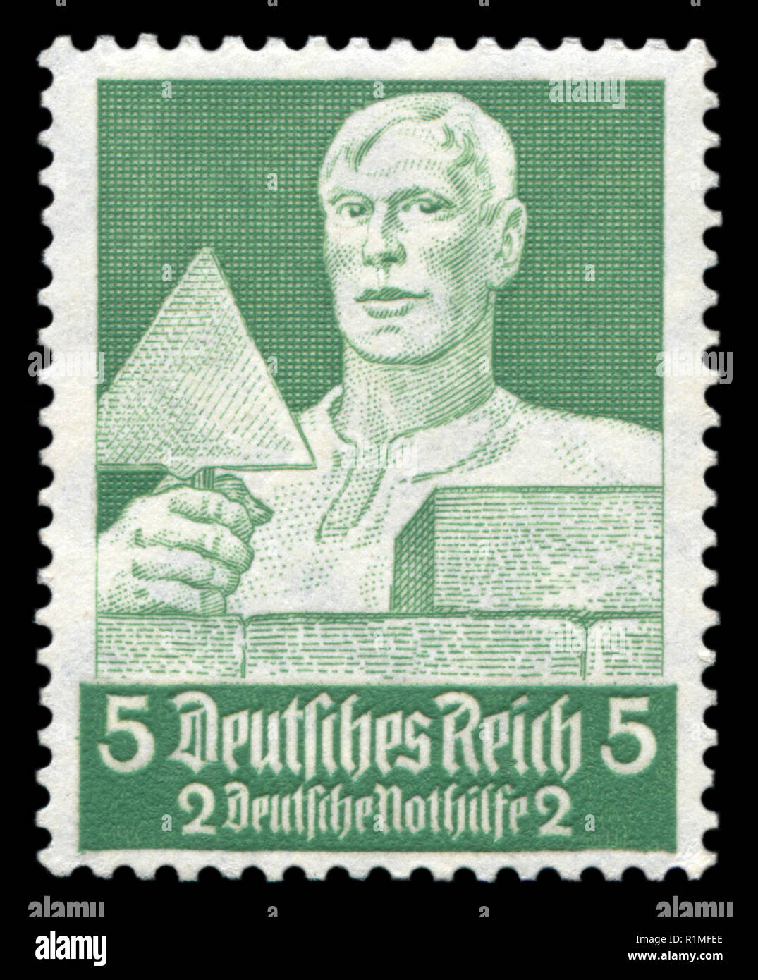 German historical postage stamp: Builder-Mason with trowel. Emergency assistance Fund. Honourable professions, 1934, Germany, the Third Reich Stock Photo