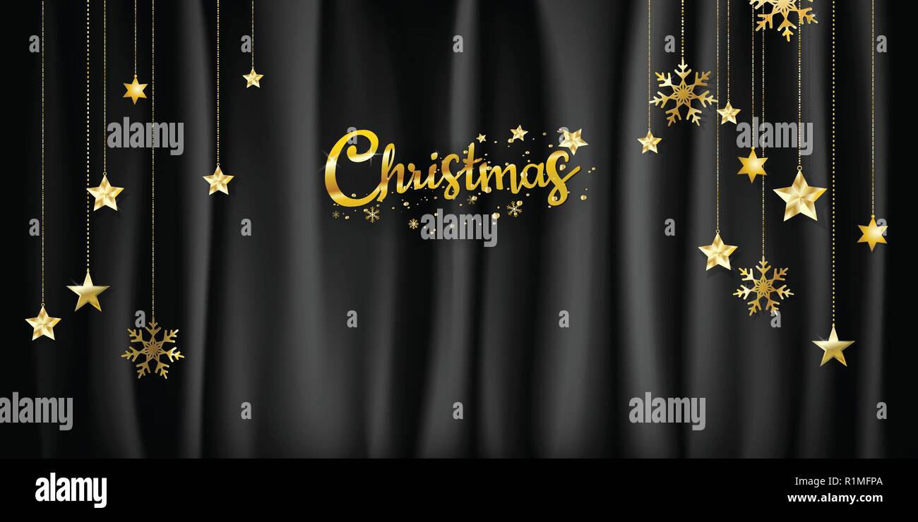 Christmas on black fabric background decoration with hanging golden ...