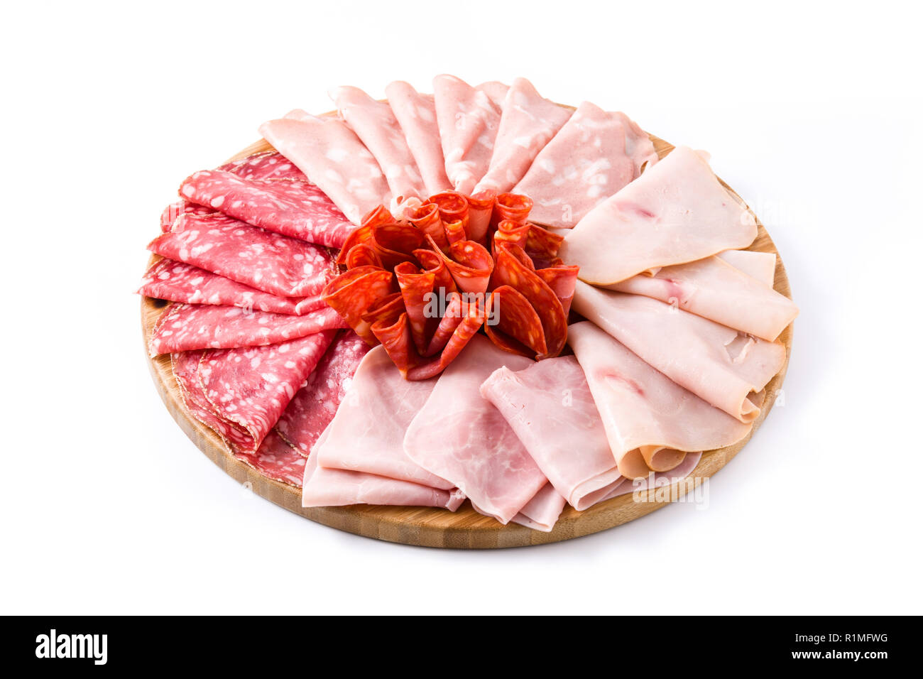 Cold meat on cutting board isolated on white background. Ham, salami