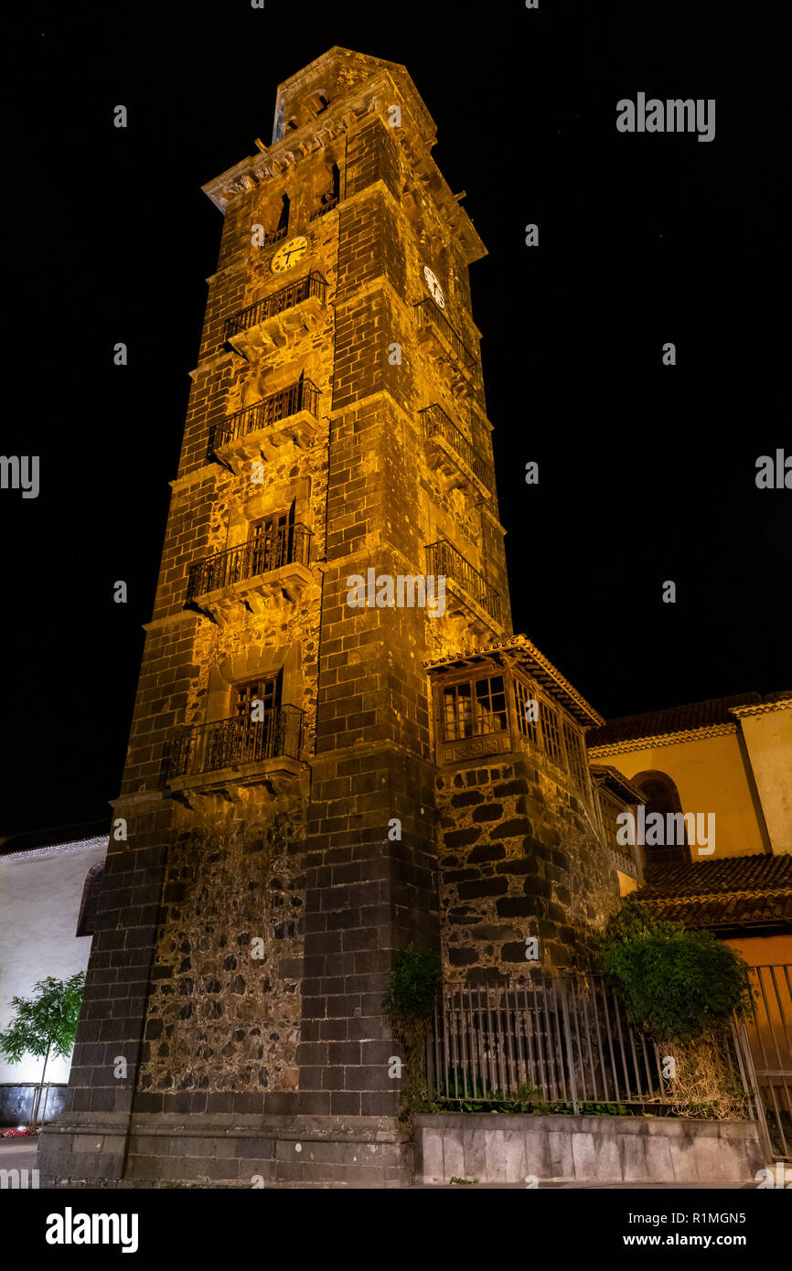 Bell tower of the Iglesia de La Concepcion, church in the Plaza de Concepcion, San Cristobal de La Laguna, Tenerife, Canary Islands, Spain Stock Photo