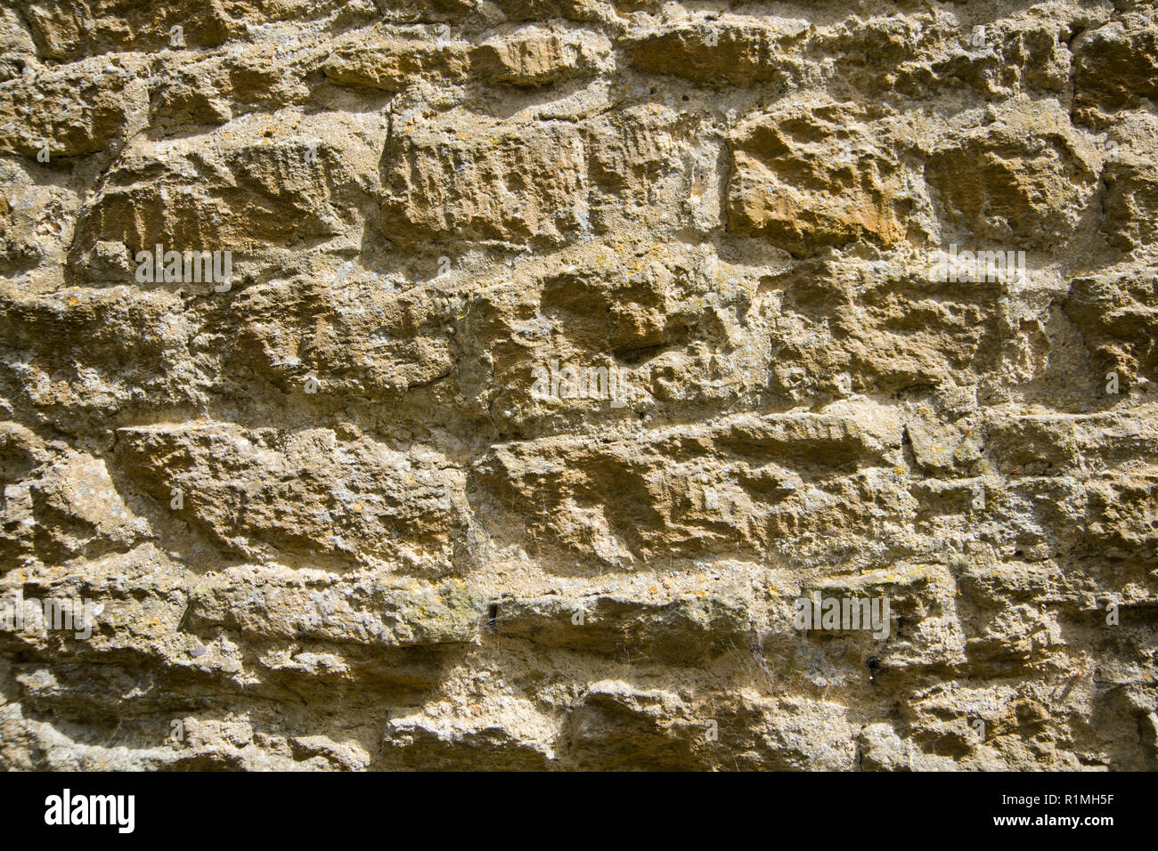 Old lichen covered  limestone wall background texture Stock Photo