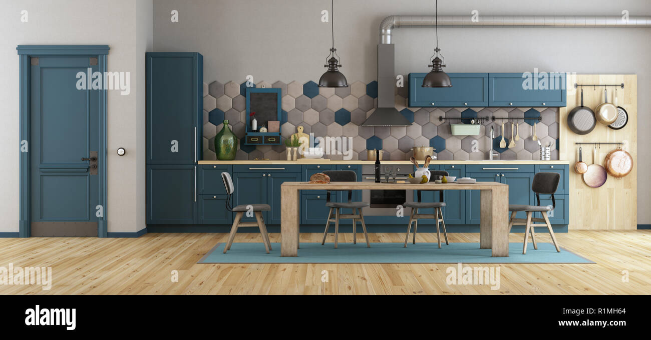 Delightful retro kitchen table chairs Retro Blue Kitchen With Wooden Dining Table Chairs And Closed Door 3d Rendering Stock Photo Alamy
