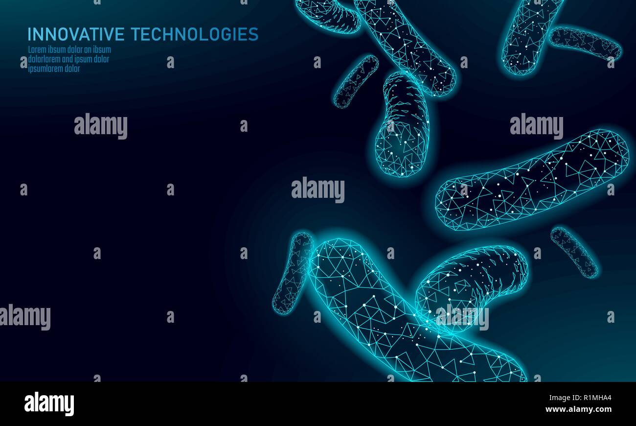 Bacteria 3D low poly render probiotics. Healthy normal digestion flora of human intestine yoghurt production. Modern science technology medicine allergy immunity thearment vector illustration Stock Vector