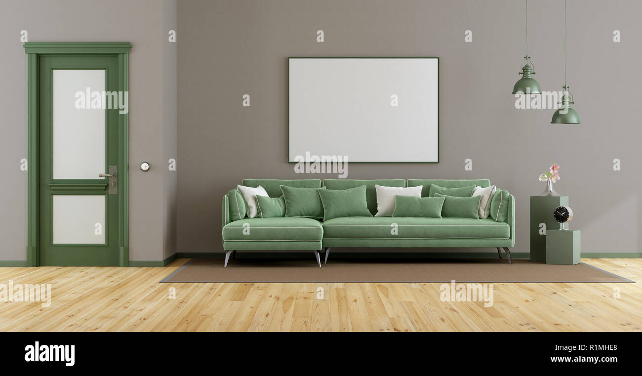 Elegant living room with green sofa, closed door and blank frame - 3d rendering Stock Photo