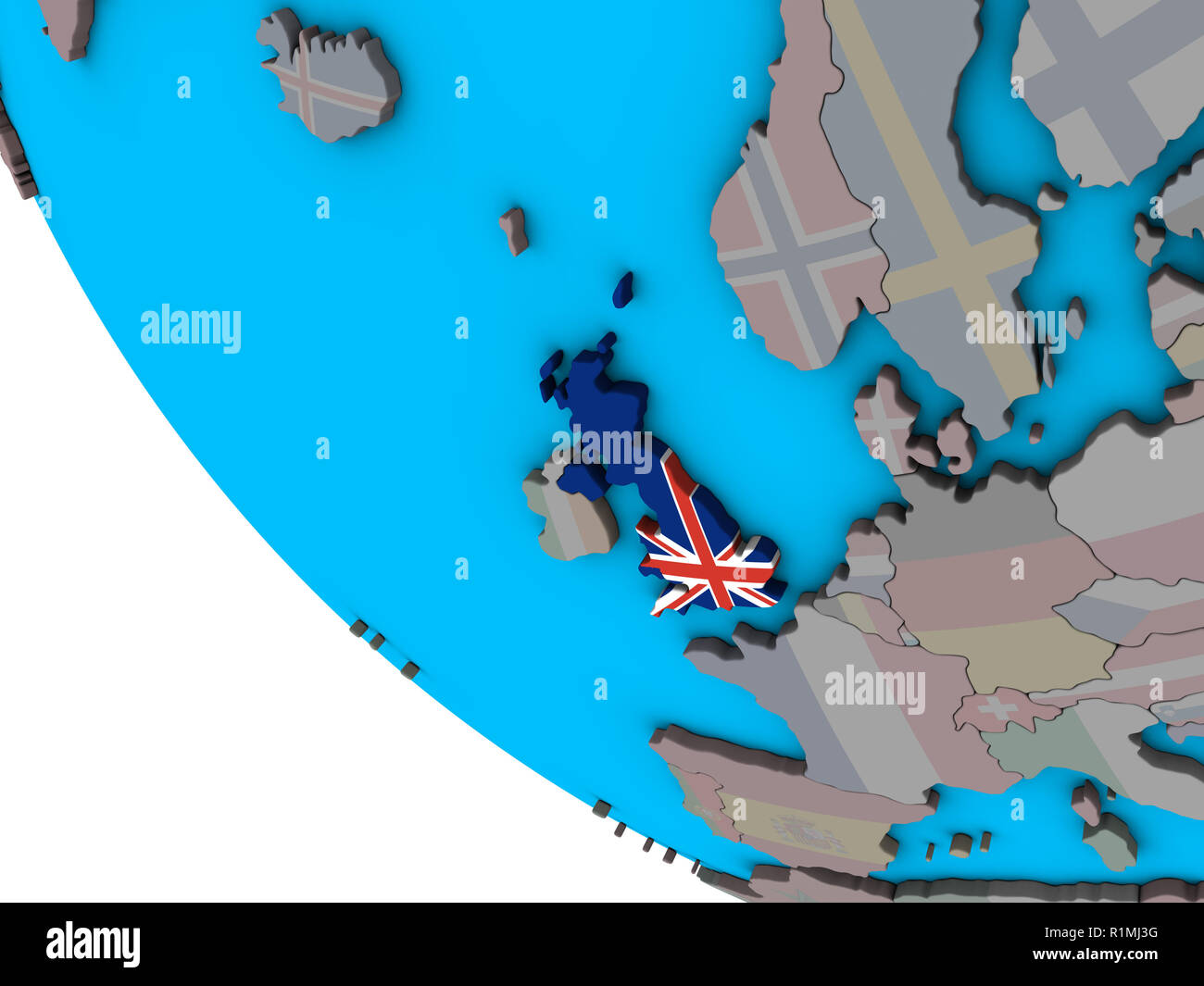 United Kingdom with embedded national flag on simple 3D globe. 3D ...