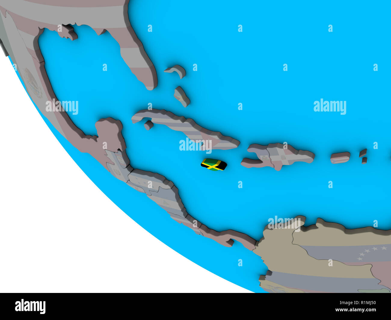 Jamaica with embedded national flag on simple 3D globe. 3D illustration ...