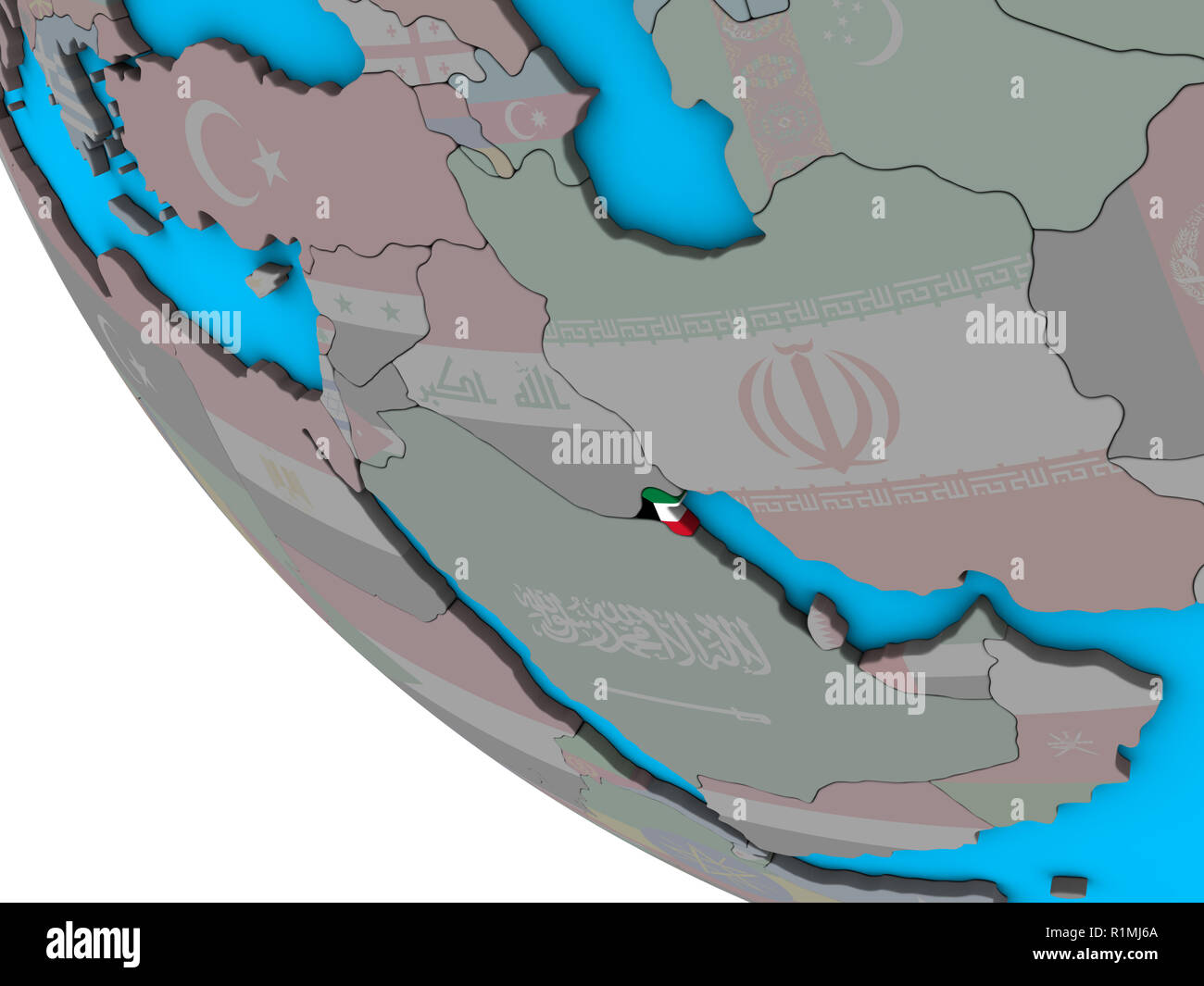 Kuwait with embedded national flag on simple 3D globe. 3D illustration ...