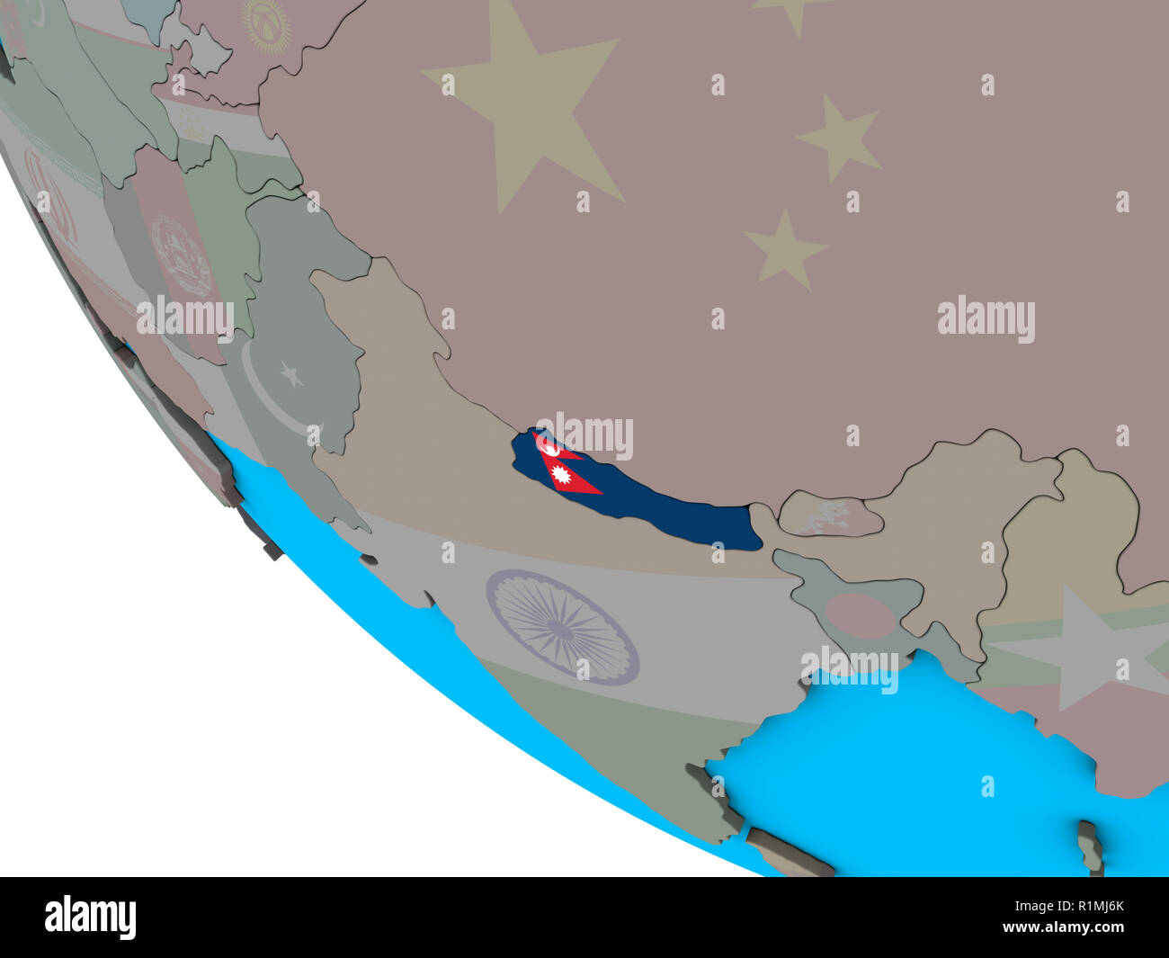 Nepal with embedded national flag on simple 3D globe. 3D illustration ...