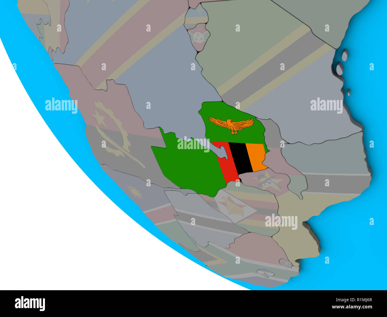 Zambia with embedded national flag on simple 3D globe. 3D illustration ...
