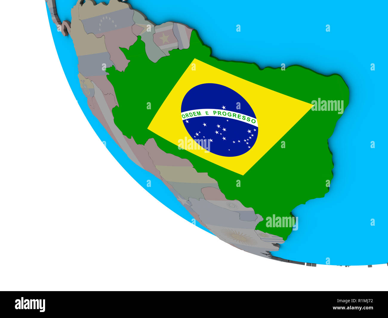 Brazil with embedded national flag on simple 3D globe. 3D illustration ...