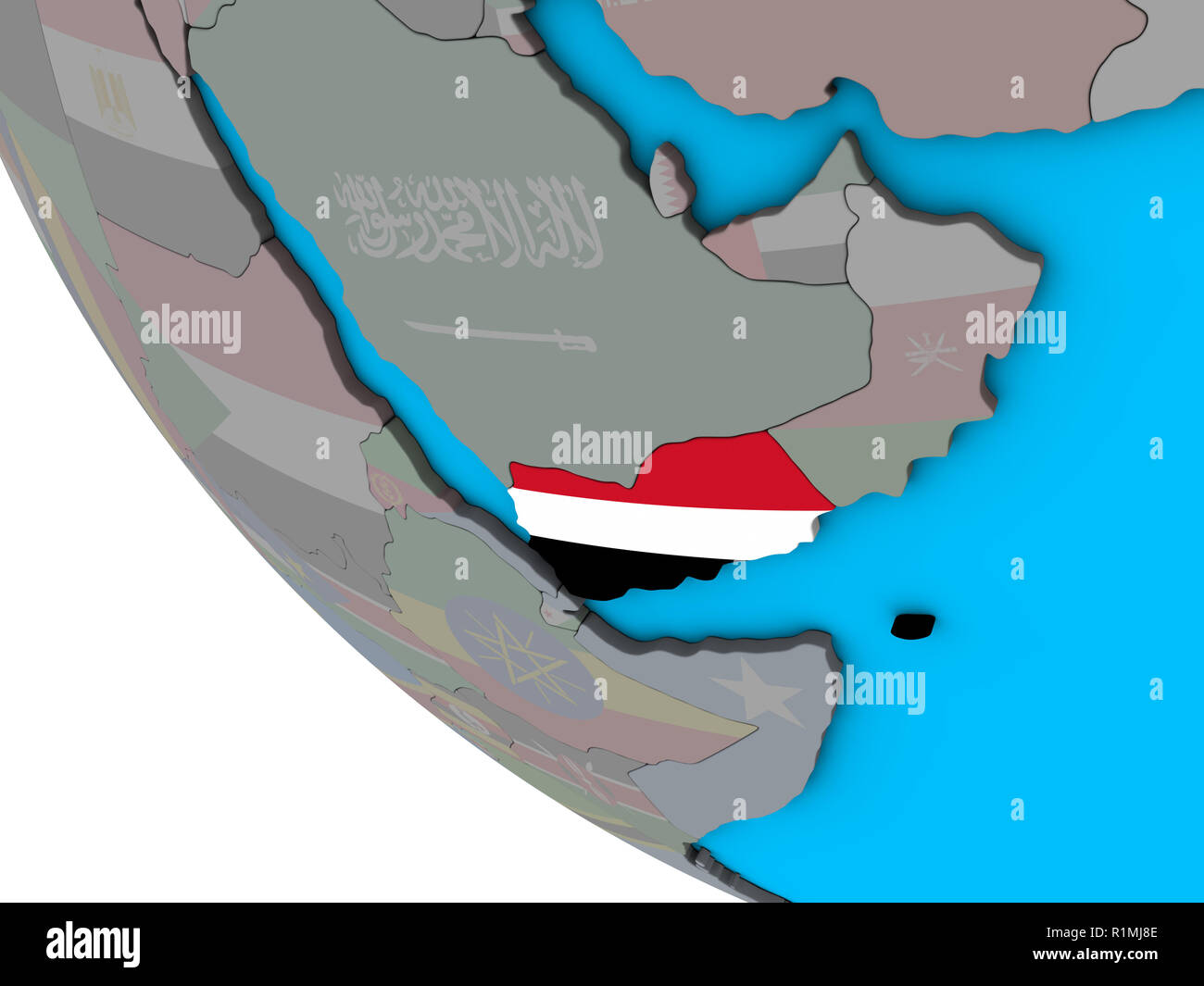 Yemen with embedded national flag on simple 3D globe. 3D illustration ...