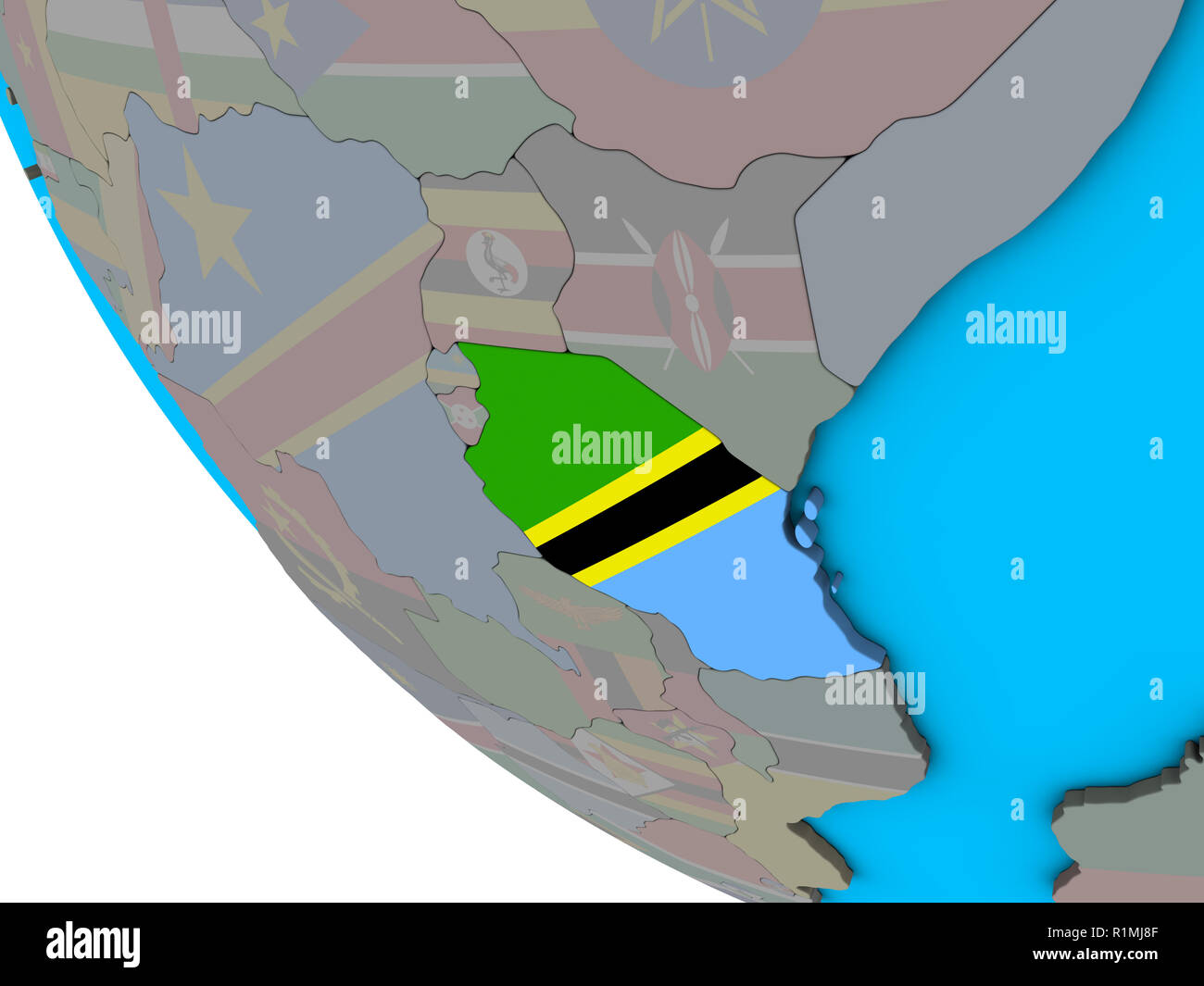 Tanzania with embedded national flag on simple 3D globe. 3D ...