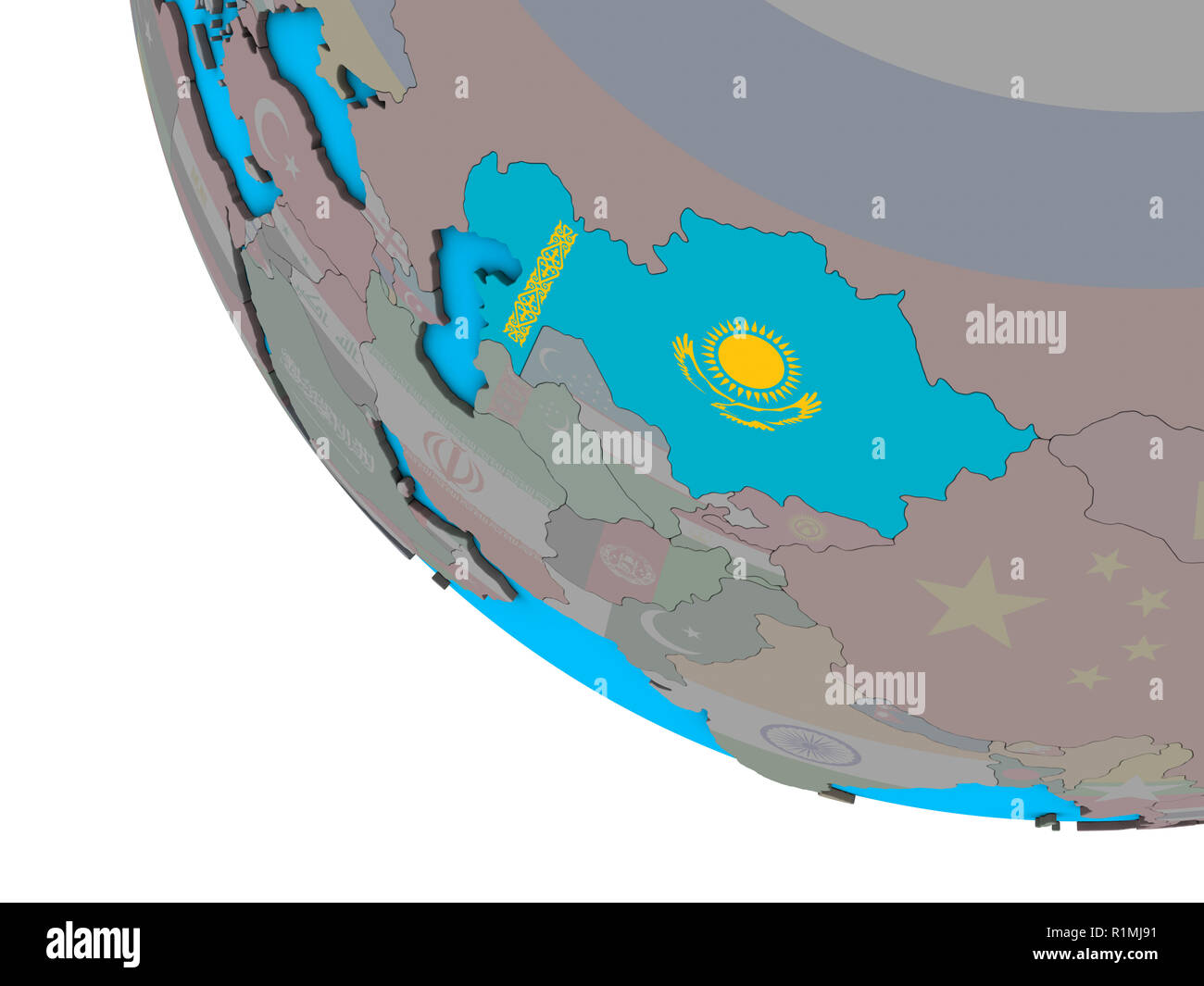 Kazakhstan with embedded national flag on simple 3D globe. 3D ...