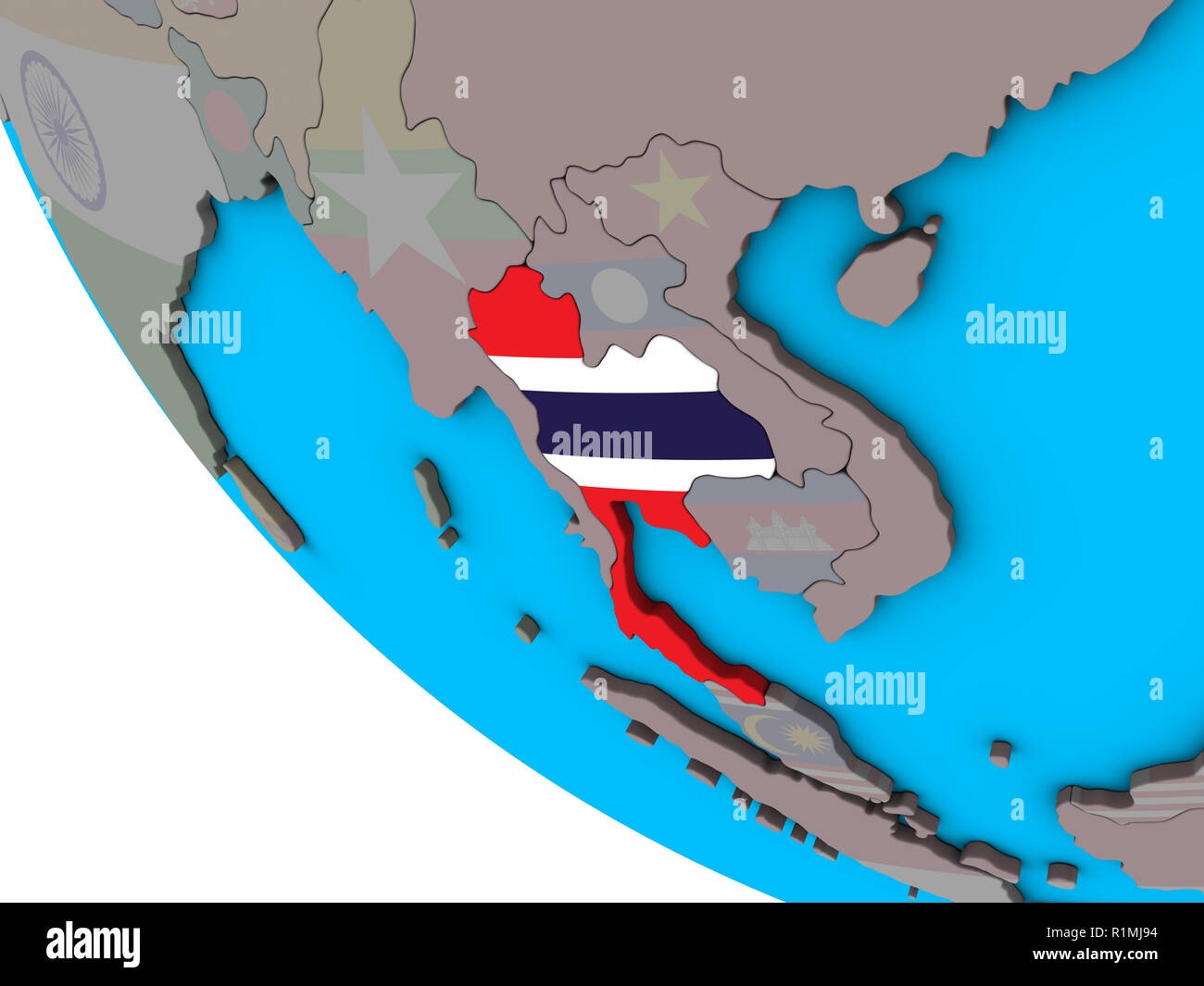 Thailand with embedded national flag on simple 3D globe. 3D ...