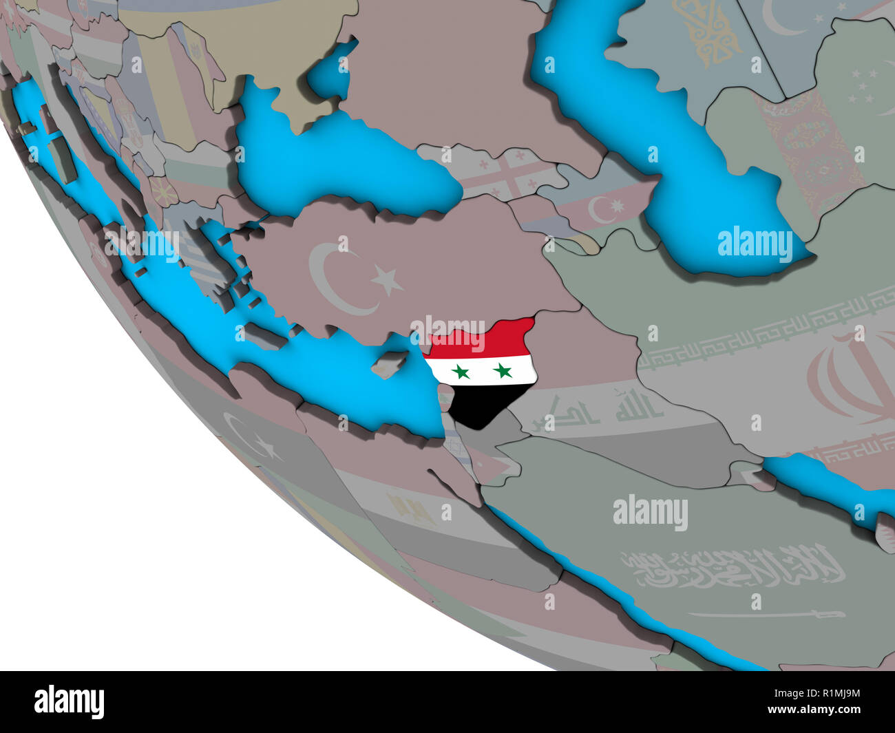 Syria with embedded national flag on simple 3D globe. 3D illustration ...