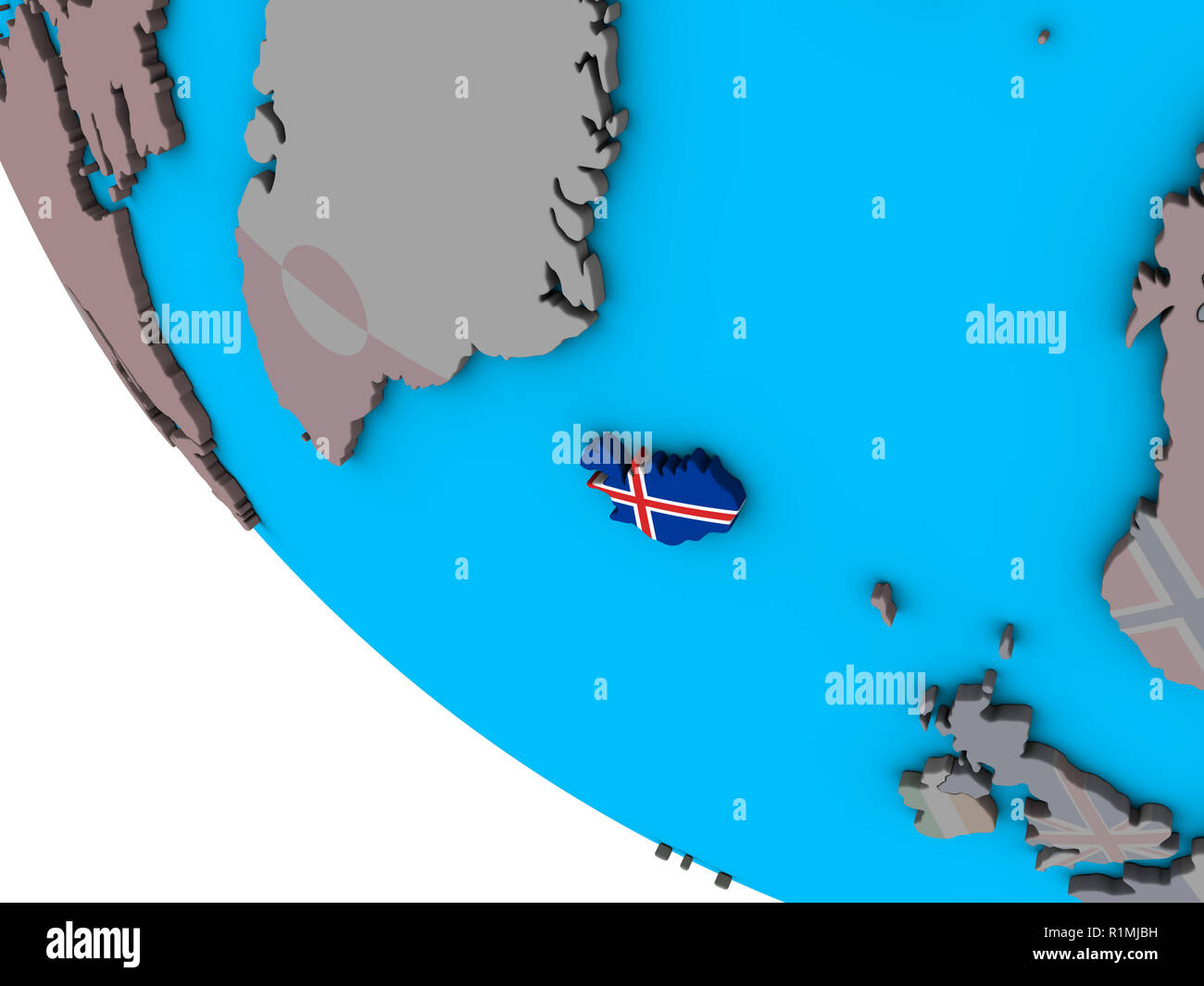 Iceland with embedded national flag on simple 3D globe. 3D illustration ...