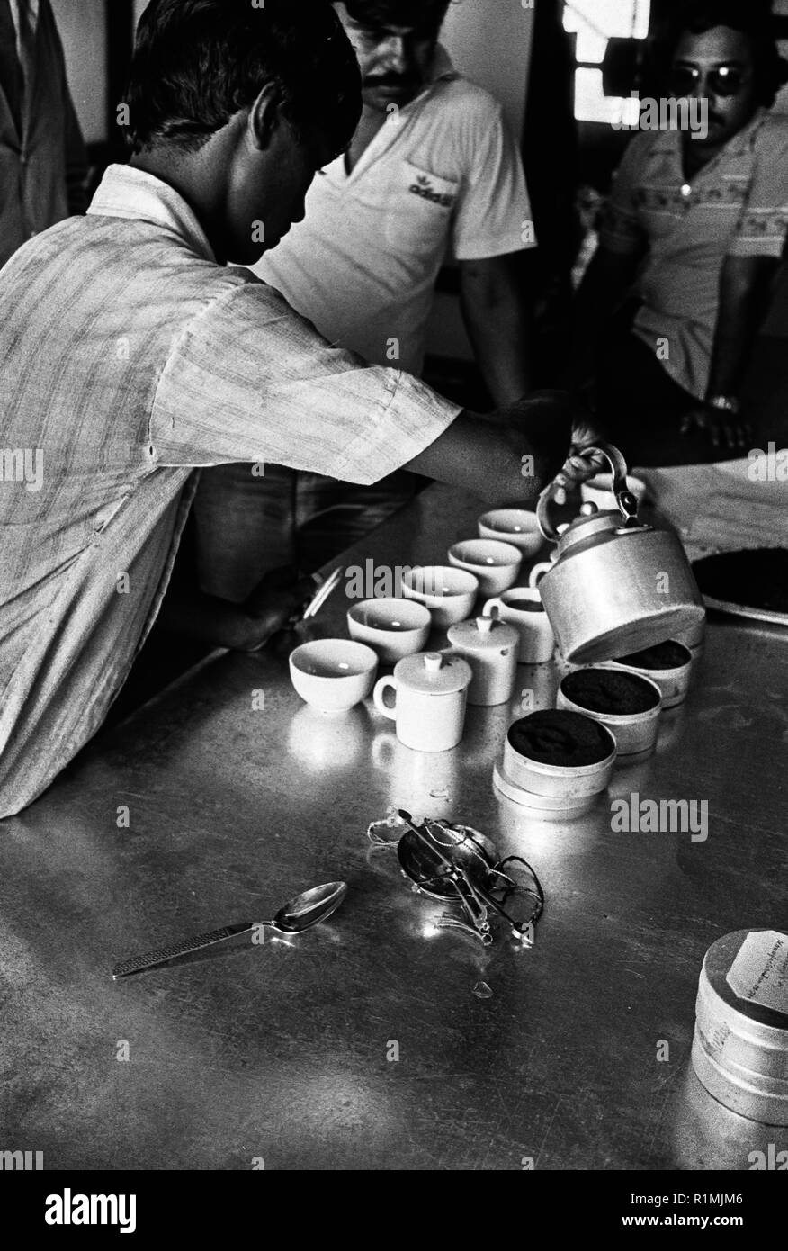 Tea tasting. Factory at Khadim Nagar Tea Estate, Sylhet district 1980