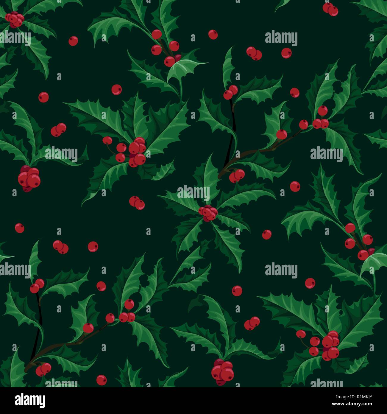 Christmas Holly with berry vector seamless pattern of Christmas plant ...