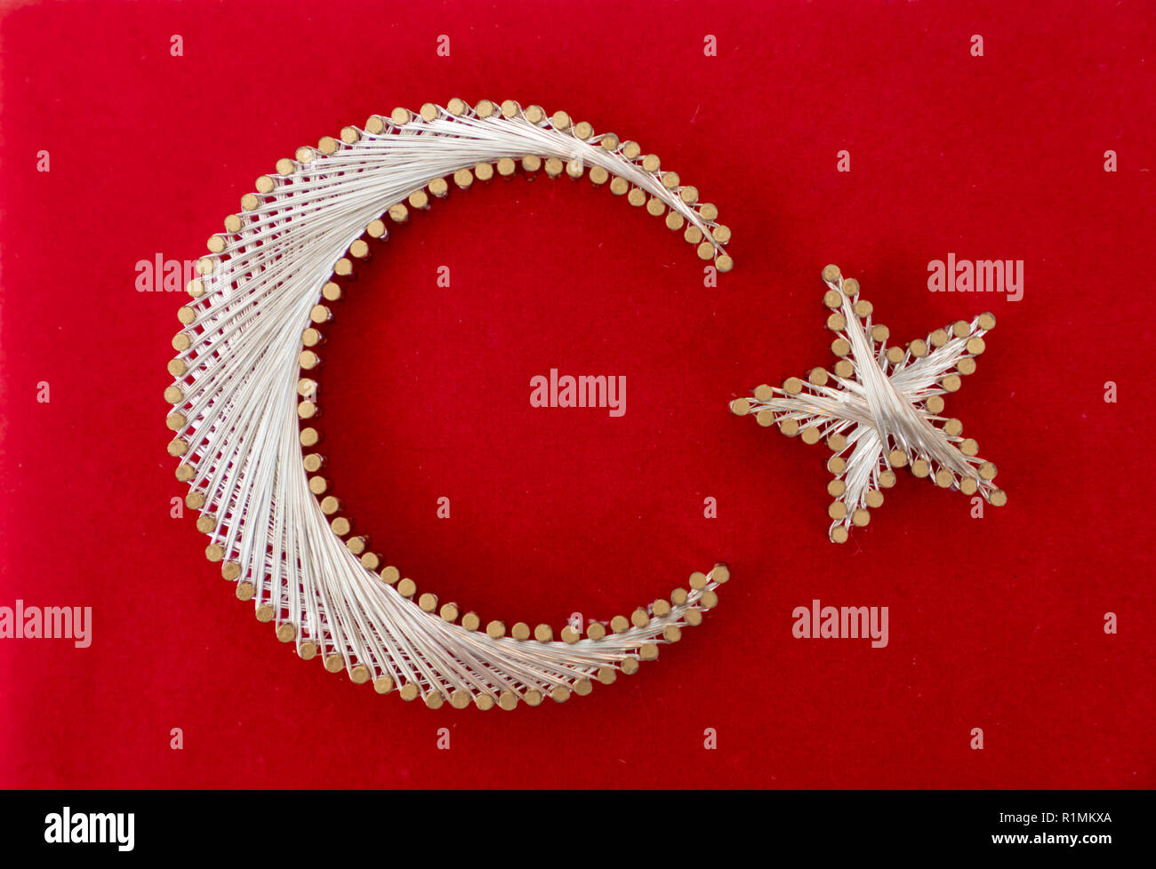 Handmade Turkish flag made of nail and copper wire on sail in a