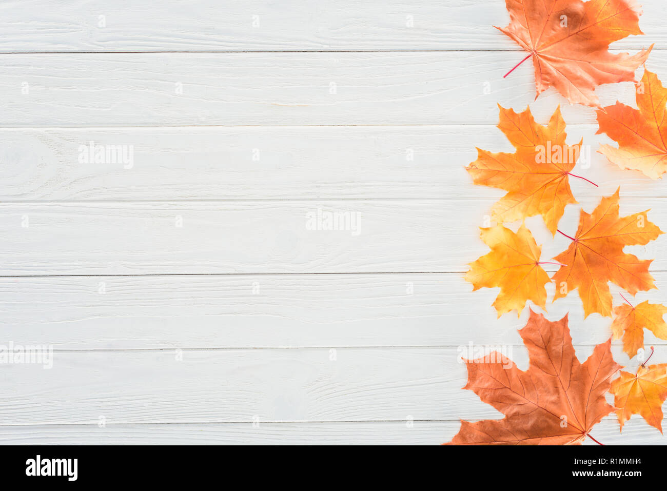 top view of autumnal maple leaves on one side of wooden surface Stock Photo
