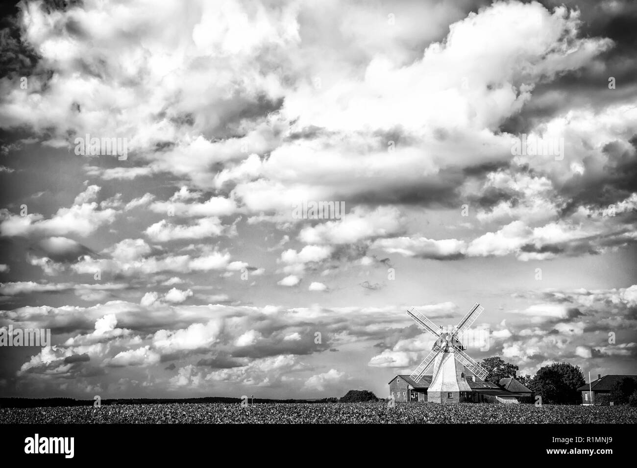 Cloudscape With Windmill And Farm Farming Mill And Cottage