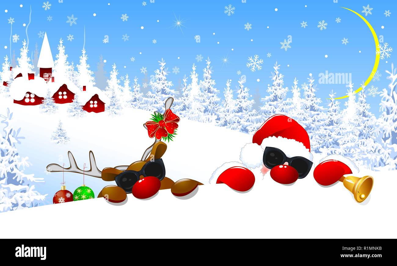 Santa Claus and reindeer in the glasses.The deer is decorated with Christmas balls and a red bow. Santa and deer on background village and winter fore Stock Vector