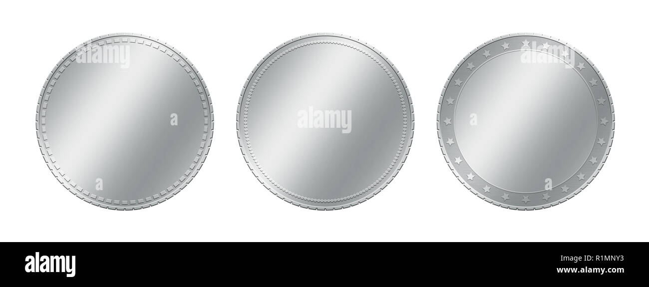 Close up three different silver grey metal blank coins template or
