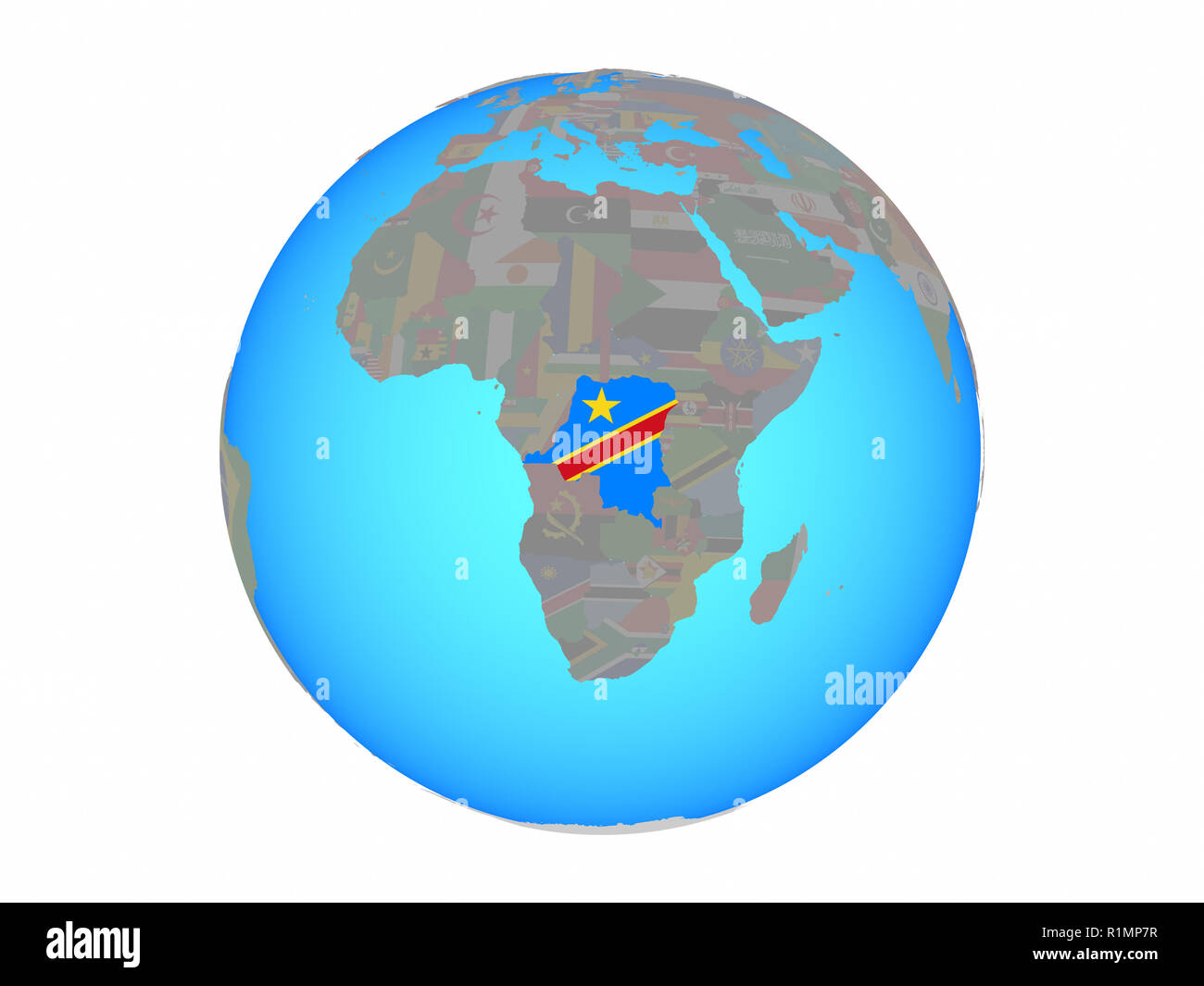 Dem Rep of Congo with national flag on blue political globe. 3D illustration isolated on white background. Stock Photo