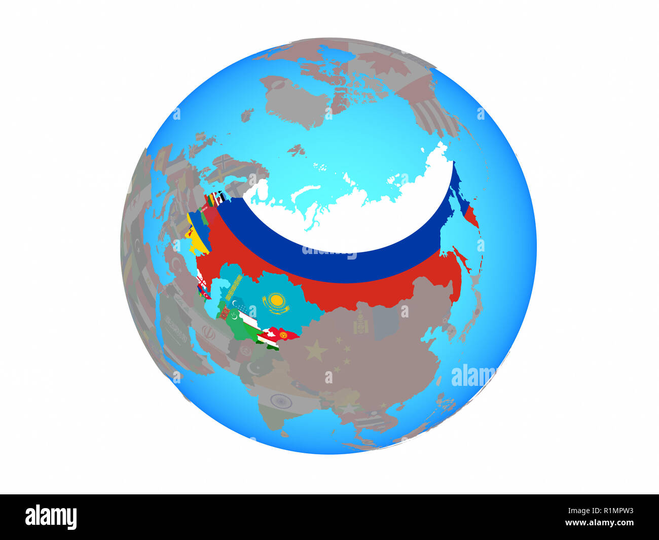 Former Soviet Union with national flags on blue political globe. 3D illustration isolated on white background. Stock Photo