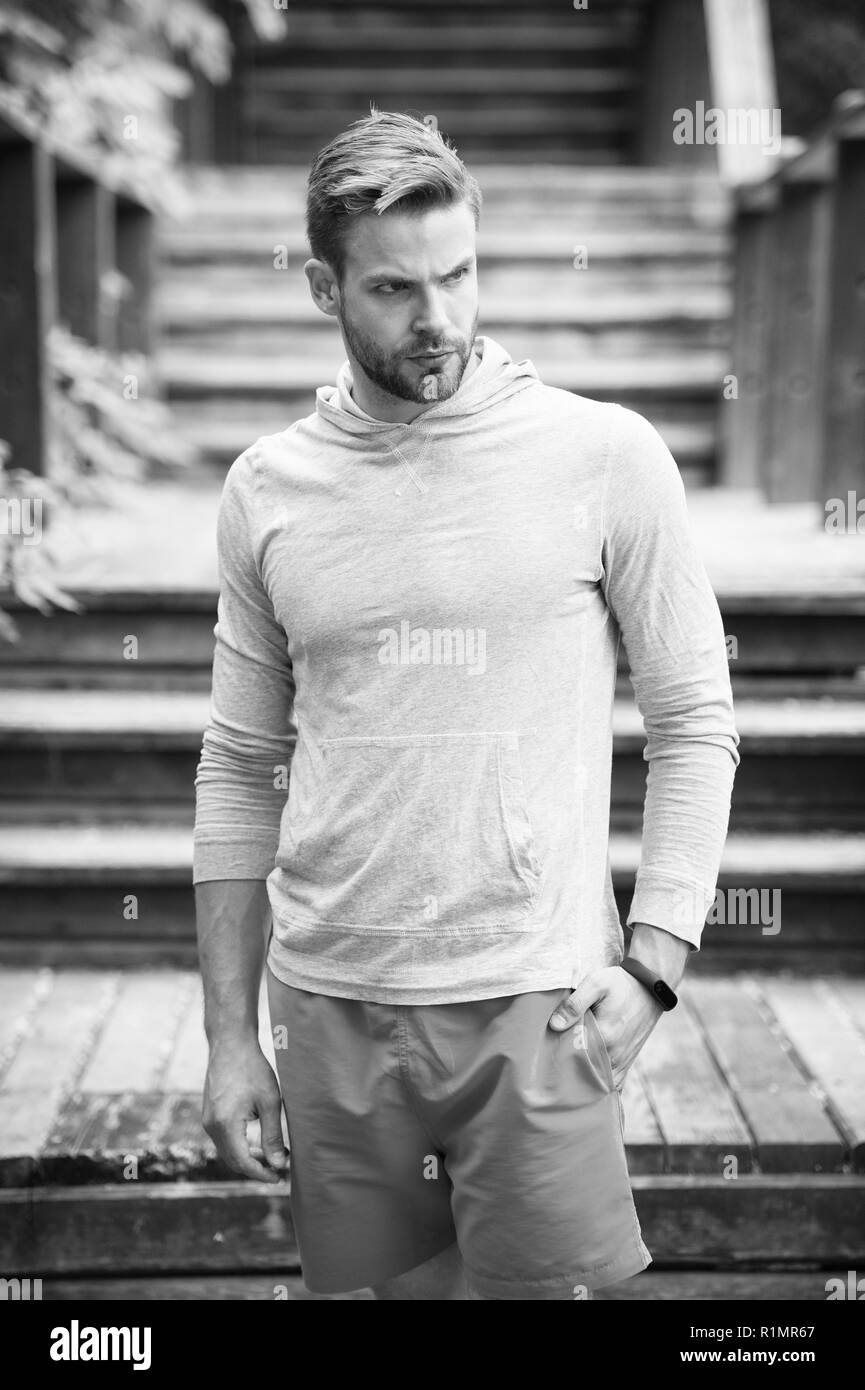 Bearded Man Stand At Stairs Outdoor Confident Sportsman In Casual Style Fashion Ready For Workout Training On Fresh Air Future And Success Sport And Fitness Stock Photo Alamy