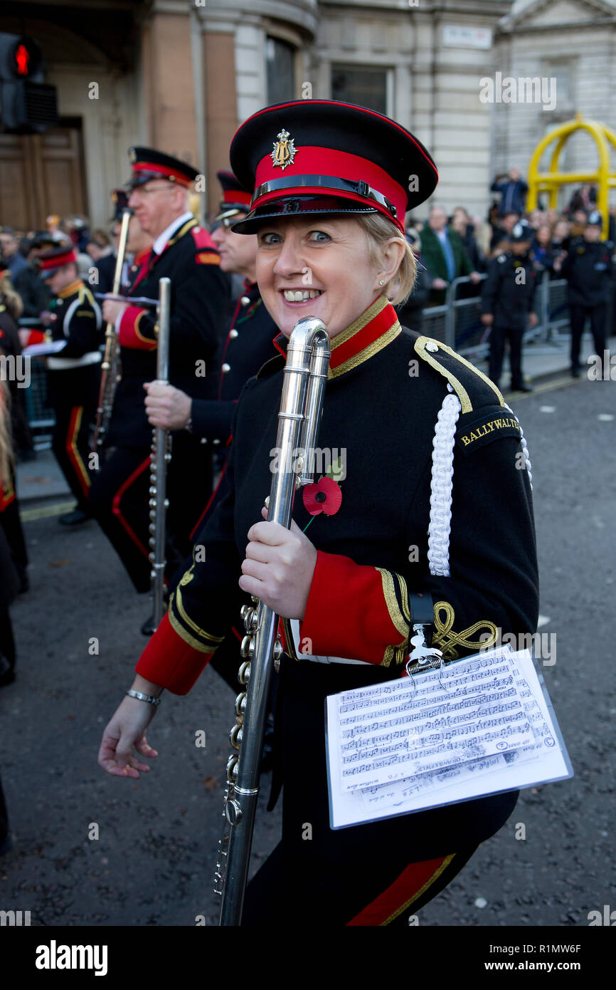 London, England, UK 11th Nov 2018. Lady member of The Flute Band