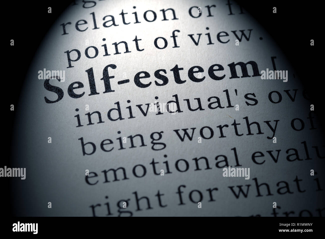 Fake Dictionary, Dictionary definition of the word self-esteem . including key descriptive words. Stock Photo